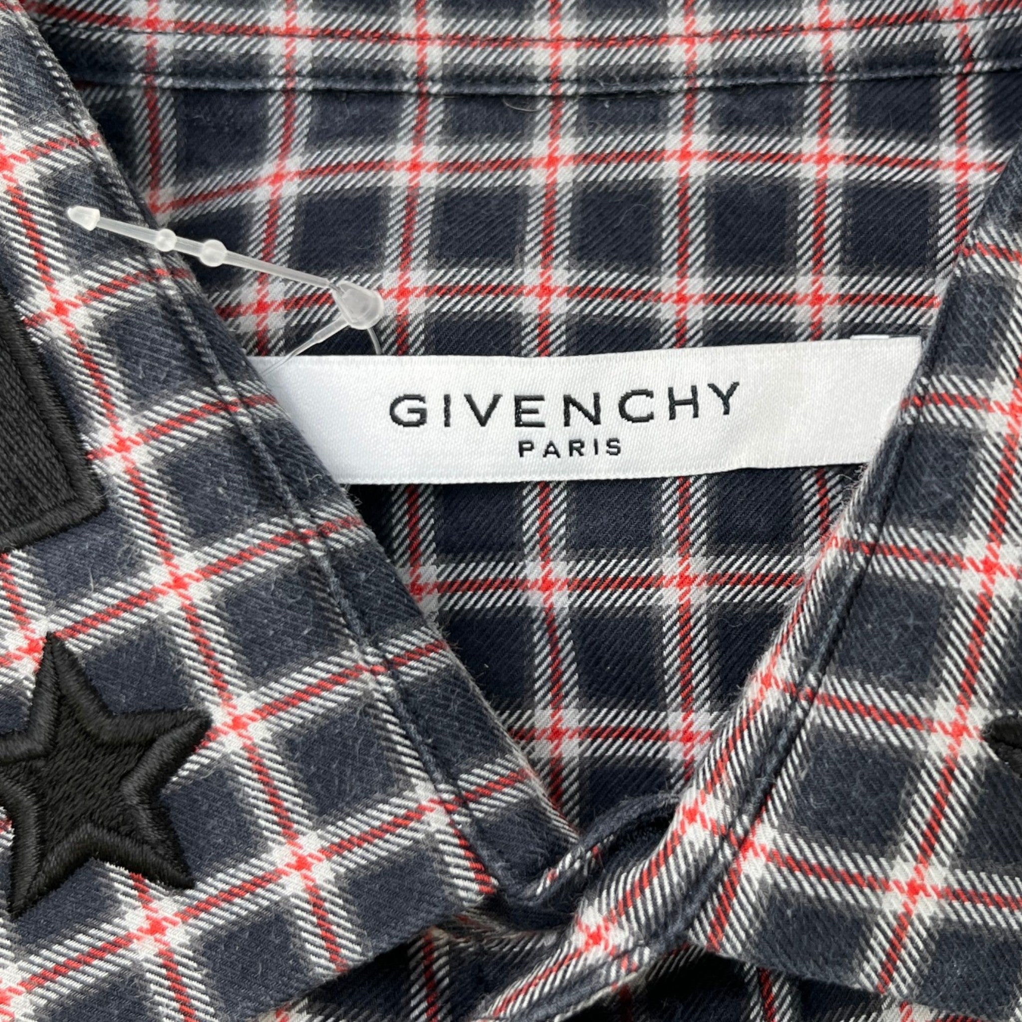 Men's Embroidered Logo Collar Check Long Sleeve Shirt Navy Size S