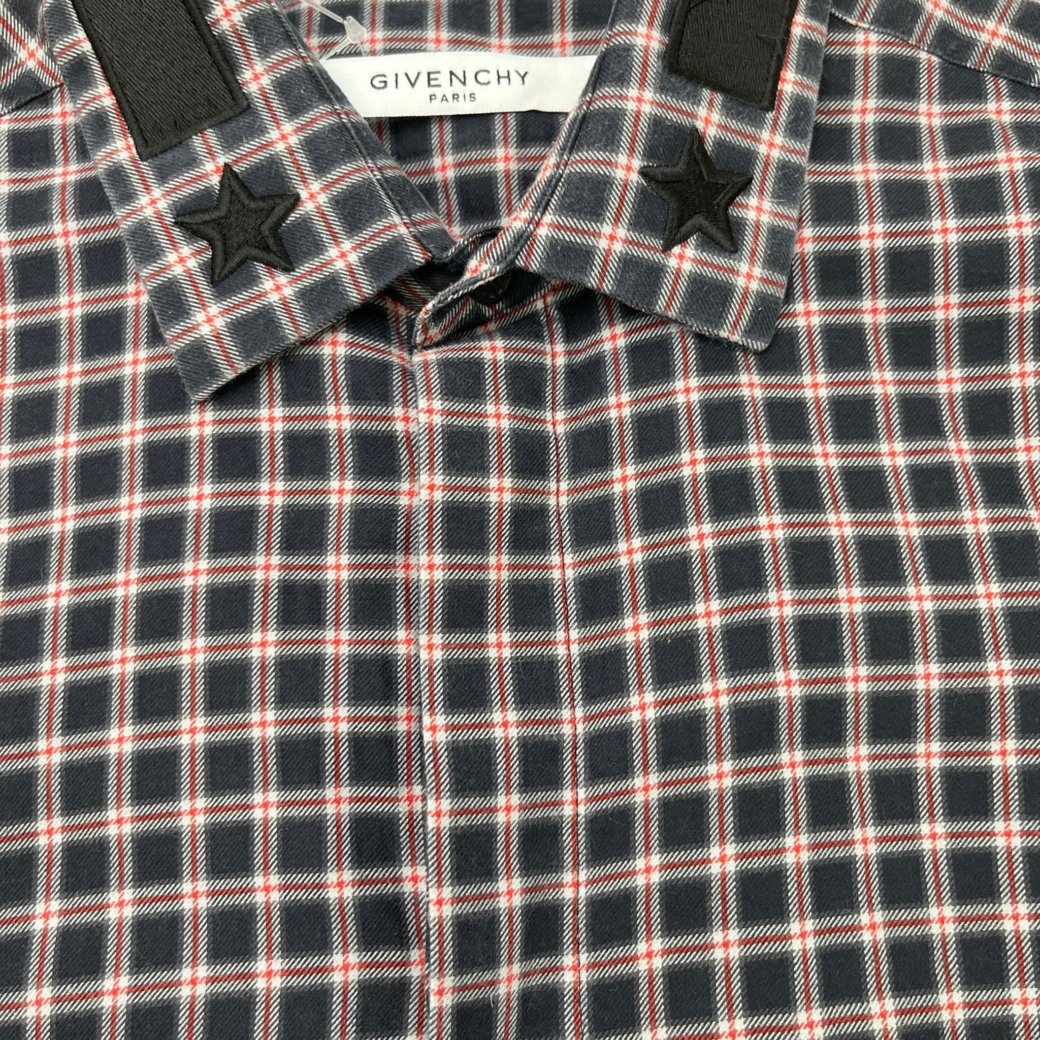 Men's Embroidered Logo Collar Check Long Sleeve Shirt Navy Size S