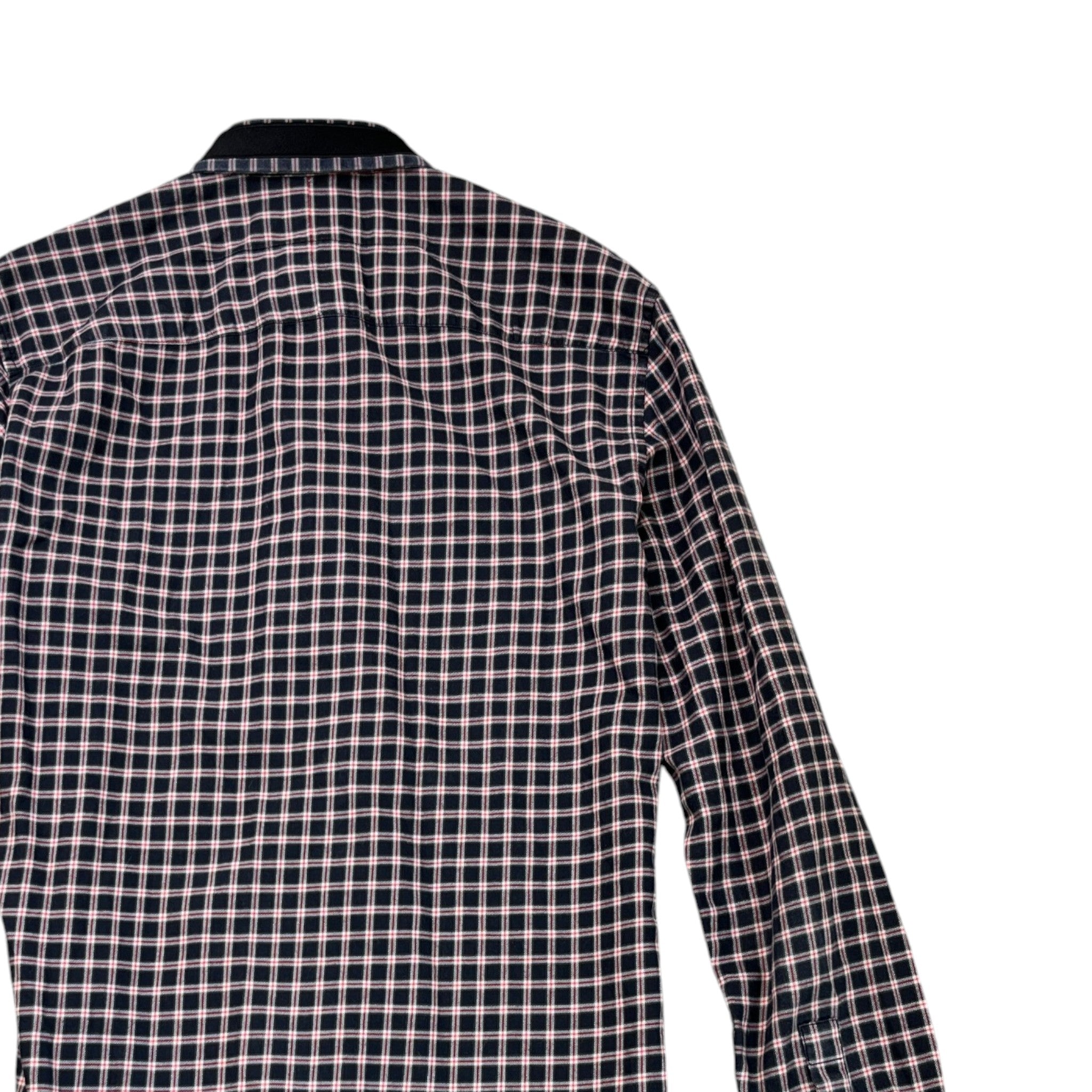 Men's Embroidered Logo Collar Check Long Sleeve Shirt Navy Size S