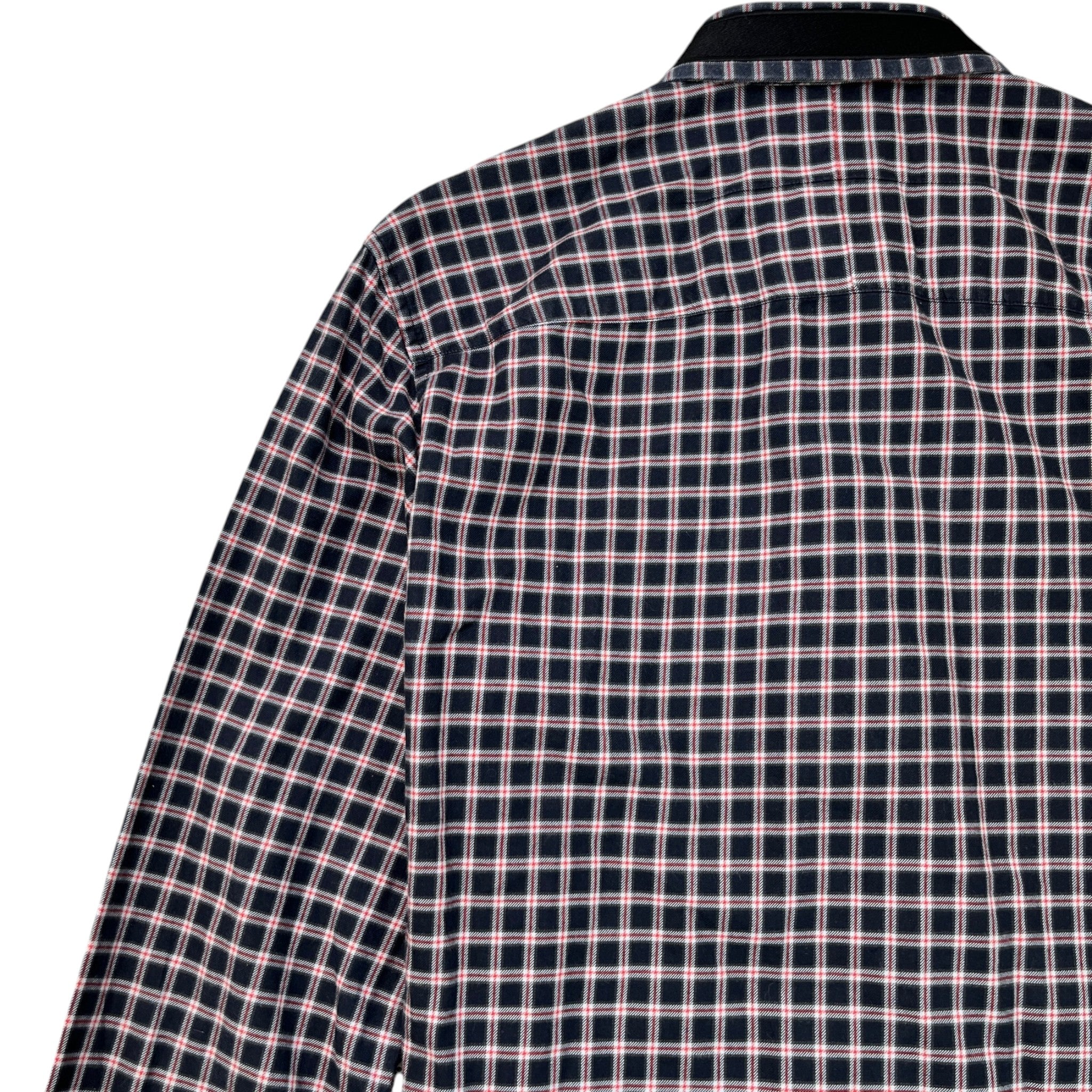 Men's Embroidered Logo Collar Check Long Sleeve Shirt Navy Size S