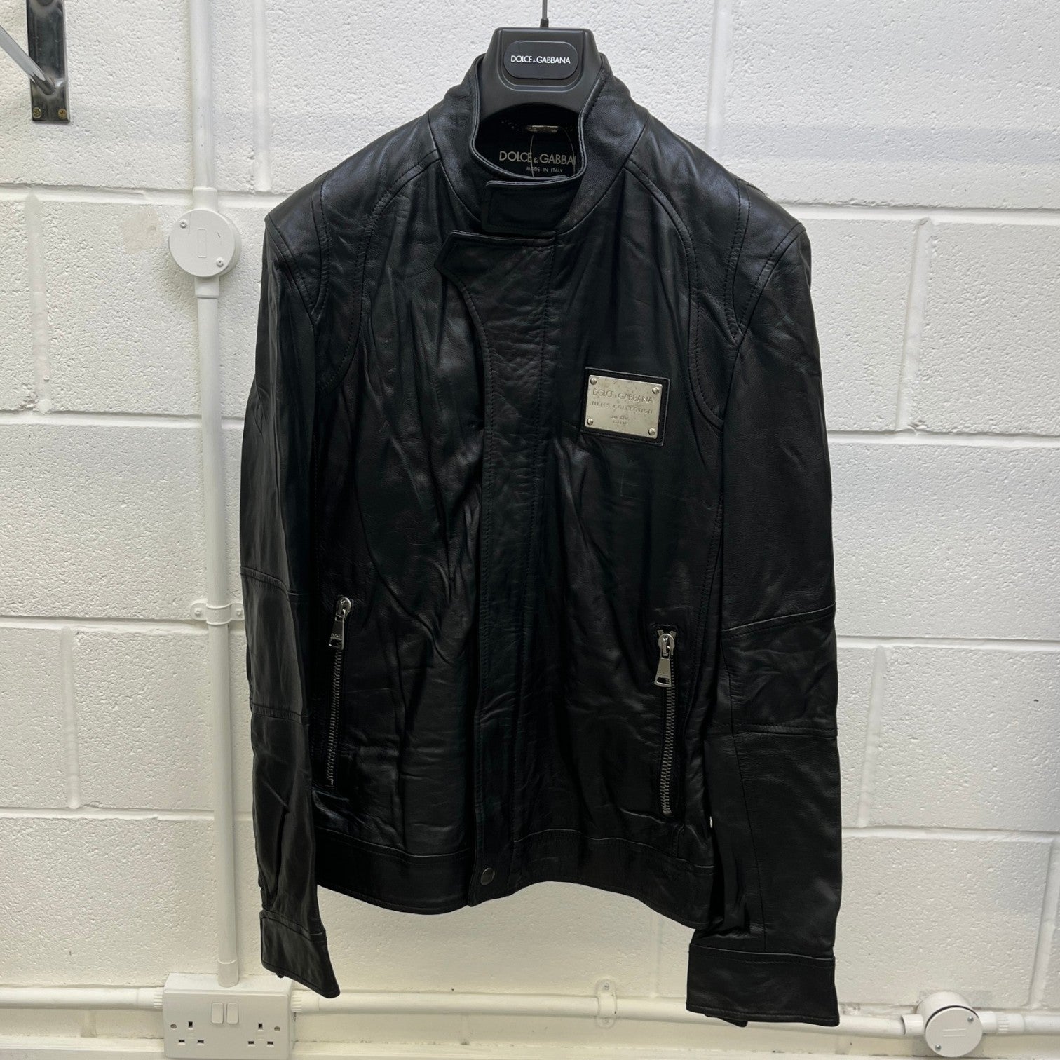 Men's Plaque Logo Leather Jacket Black Size IT 46 / S