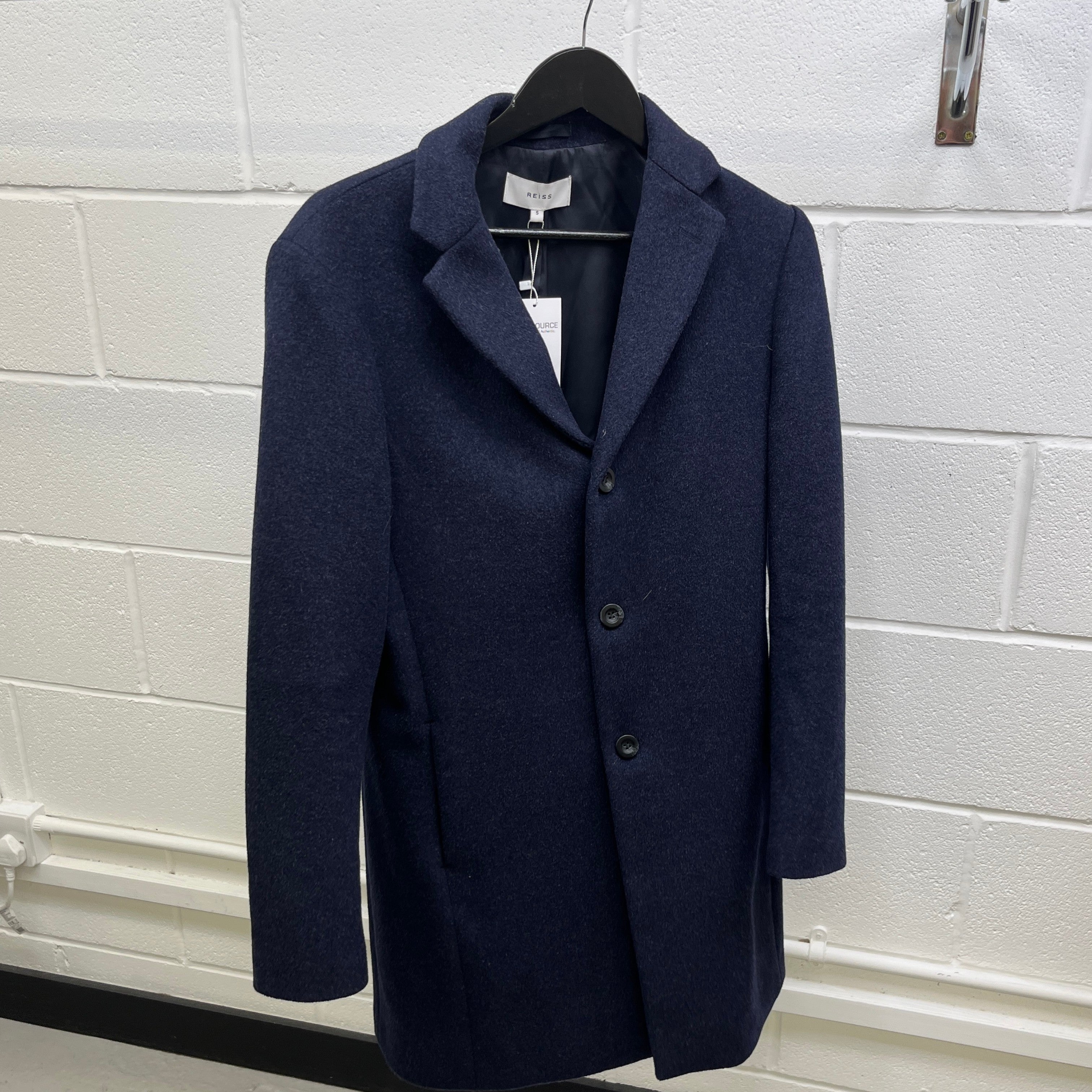 Men's Gable Wool Blend Single Breasted Epsom Overcoat Jacket Navy Size S