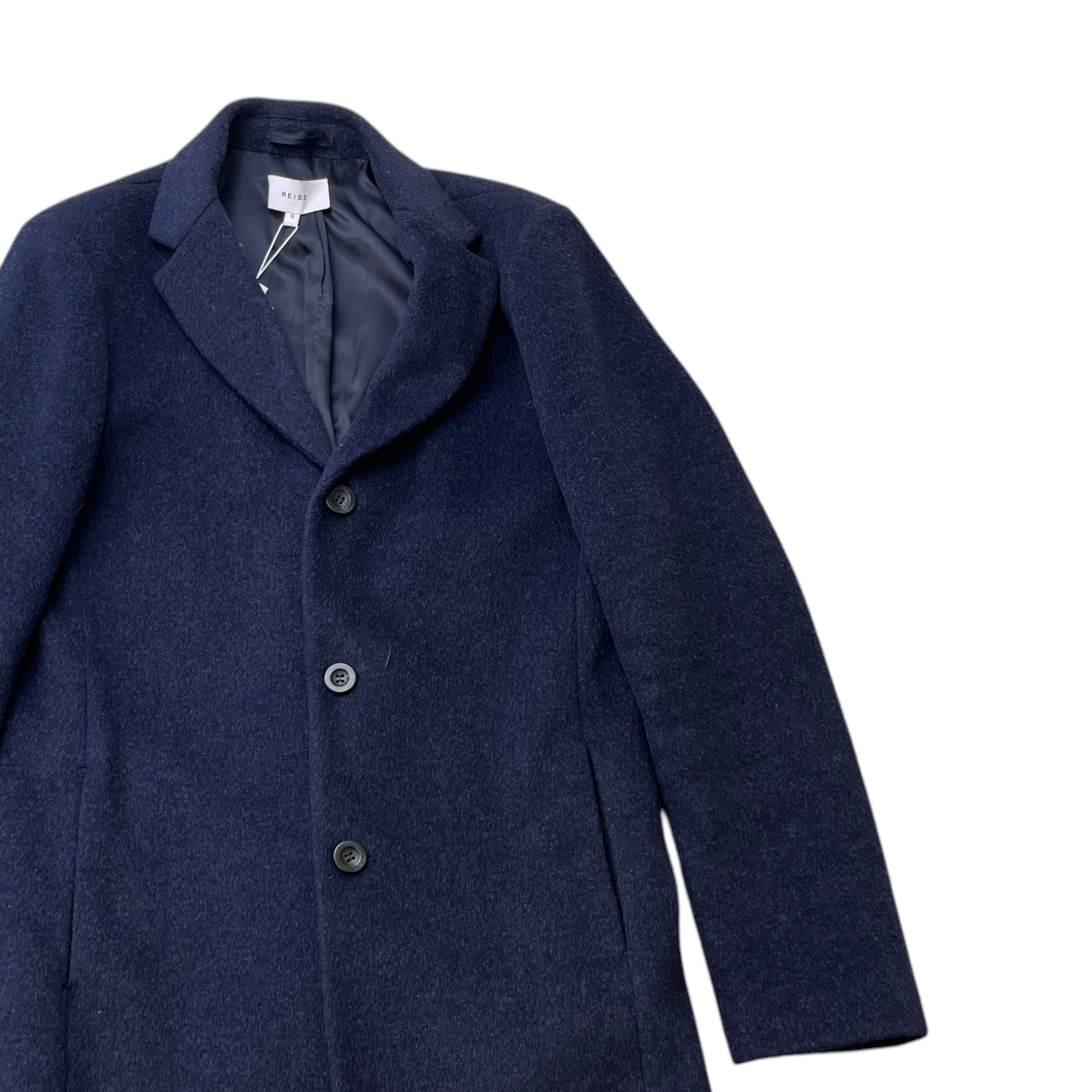 Men's Gable Wool Blend Single Breasted Epsom Overcoat Jacket Navy Size S