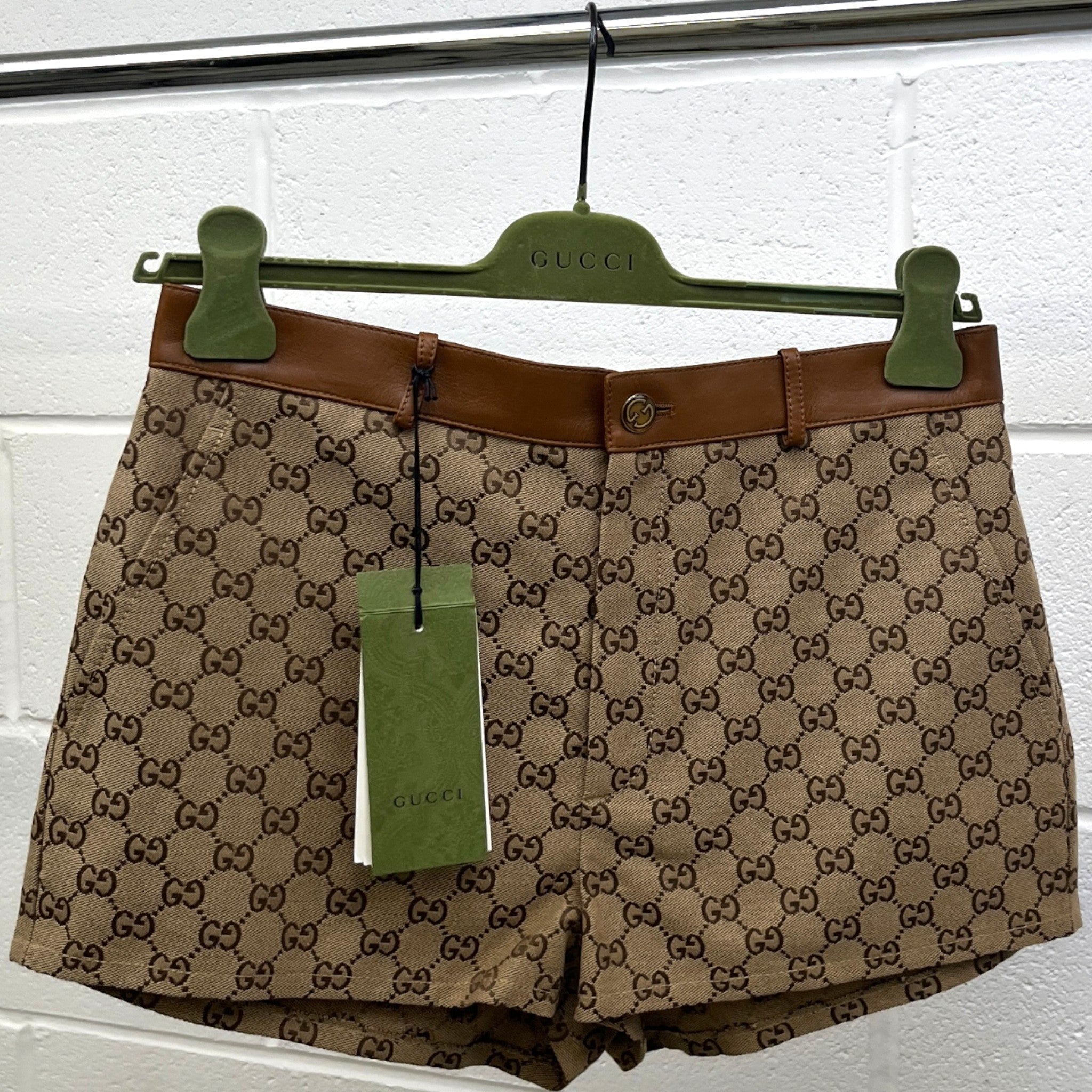 Women's Gg Supreme Leather-Trim Mini Shorts Beige Size S