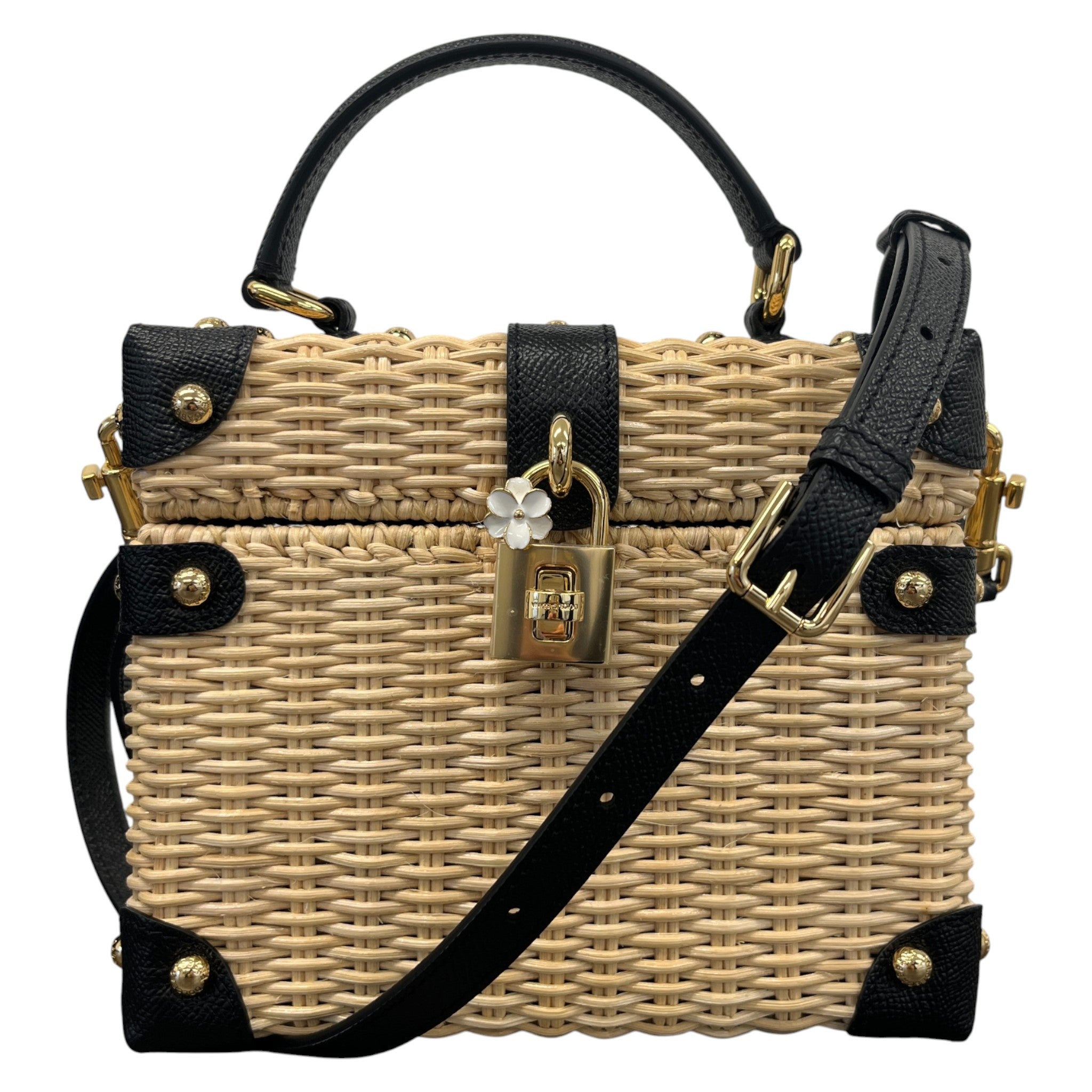 Women's Raffia Box Top Handle Handbag Black
