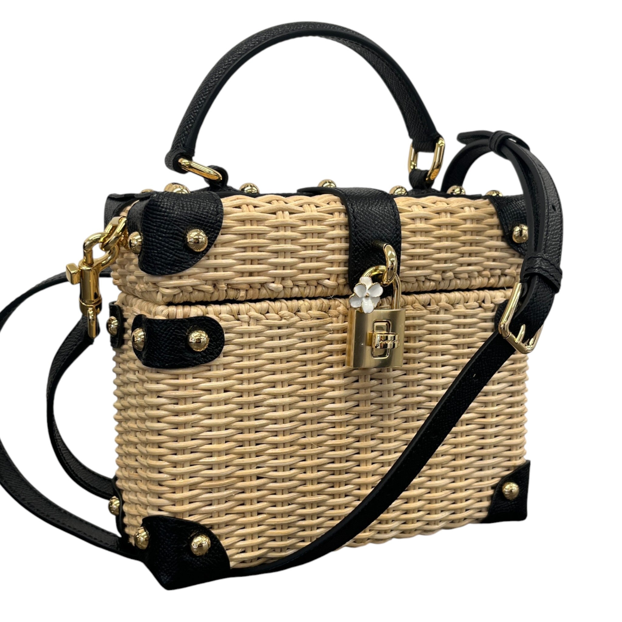 Women's Raffia Box Top Handle Handbag Black