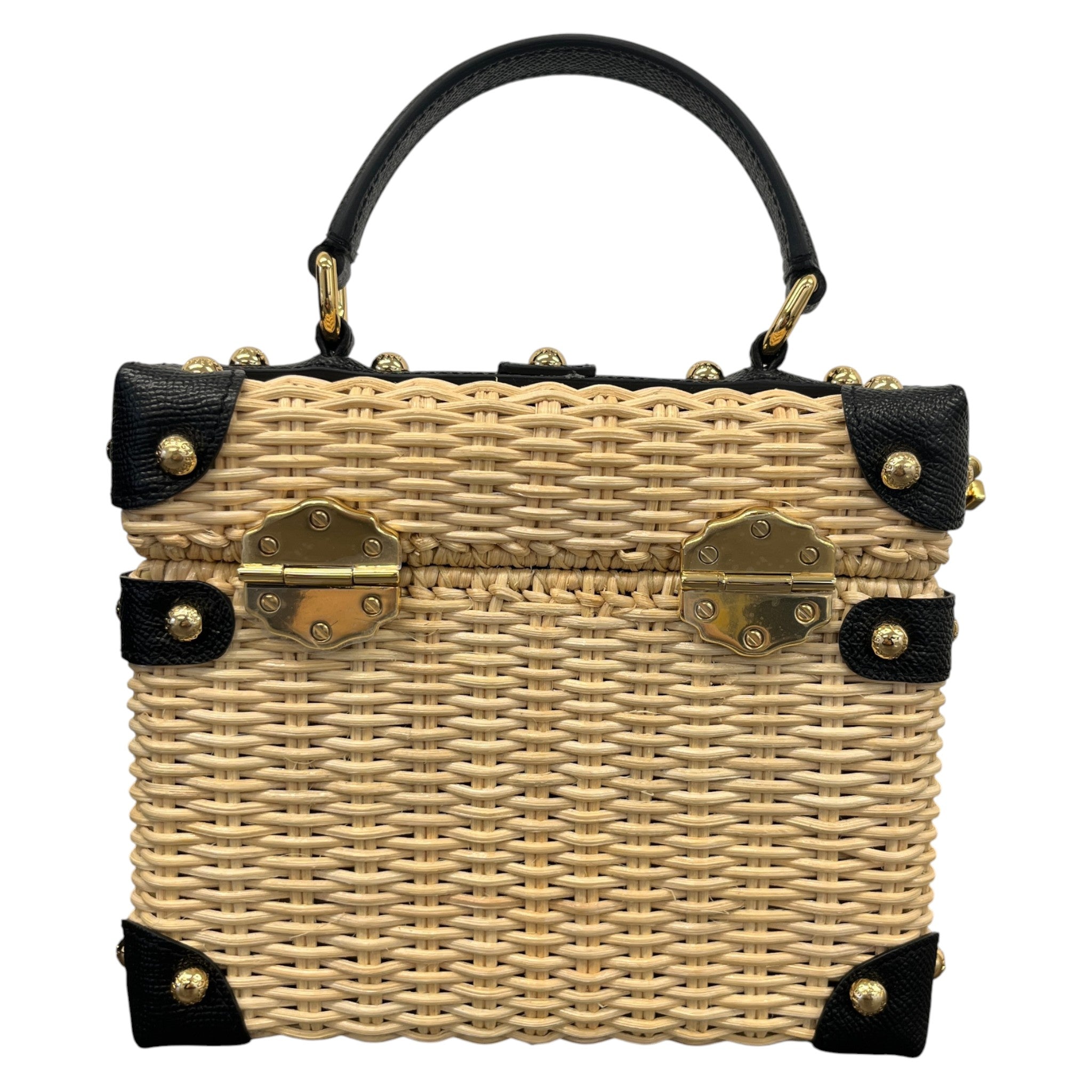 Women's Raffia Box Top Handle Handbag Black