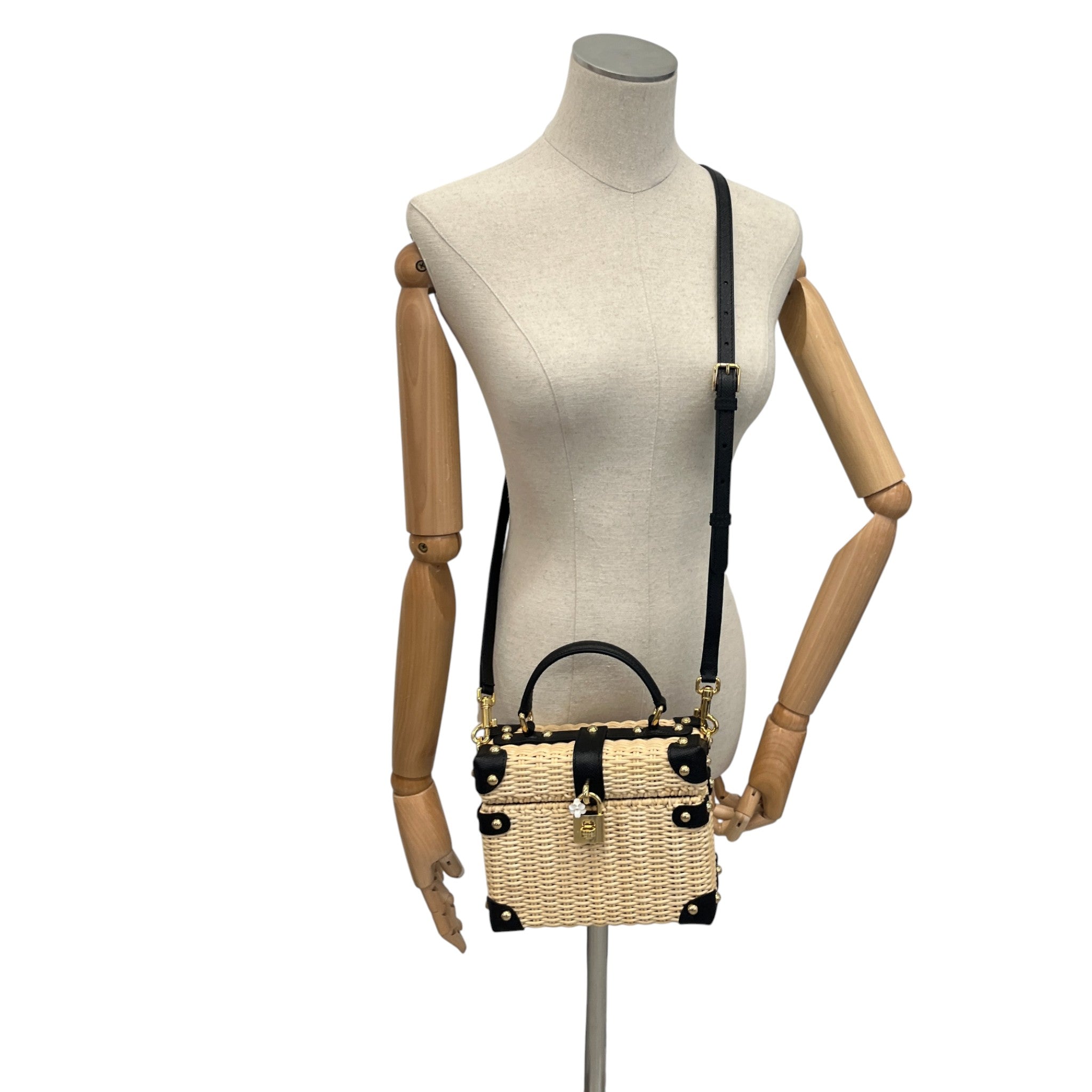 Women's Raffia Box Top Handle Handbag Black