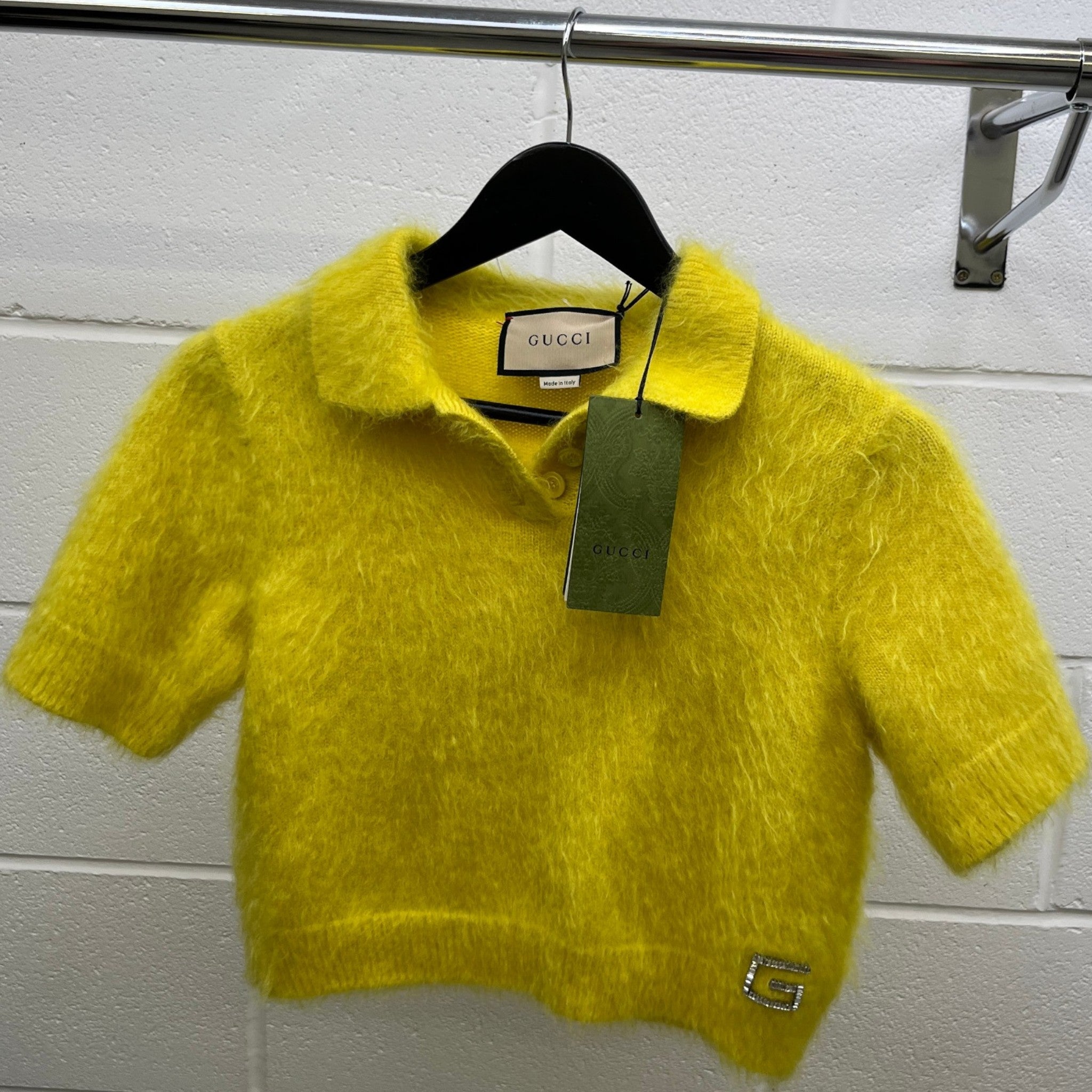 Women's Mohair Crystal-Embellished Logo Polo Polo Shirt Yellow Size M