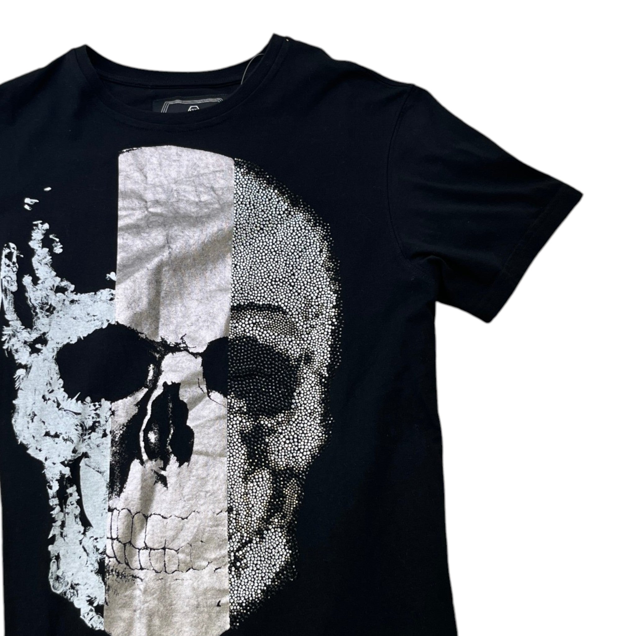 Men's Rhinestone Embellished Skull T-Shirt Black Size L