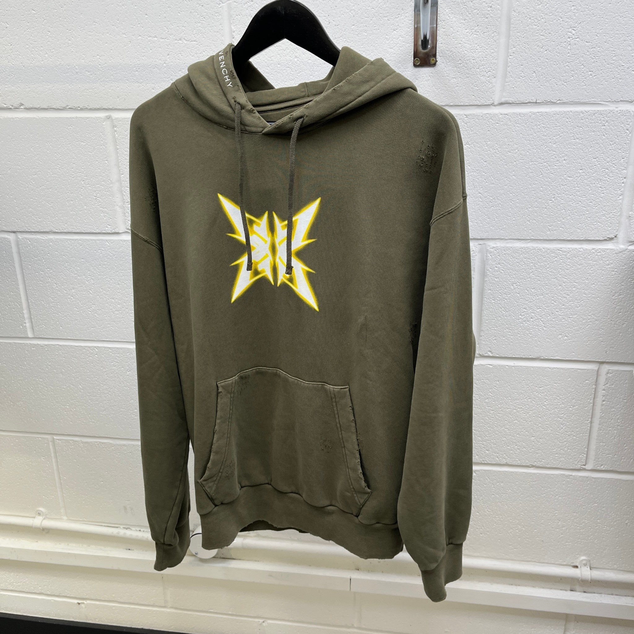 Men's Distressed Logo Hoodie Khaki Size M
