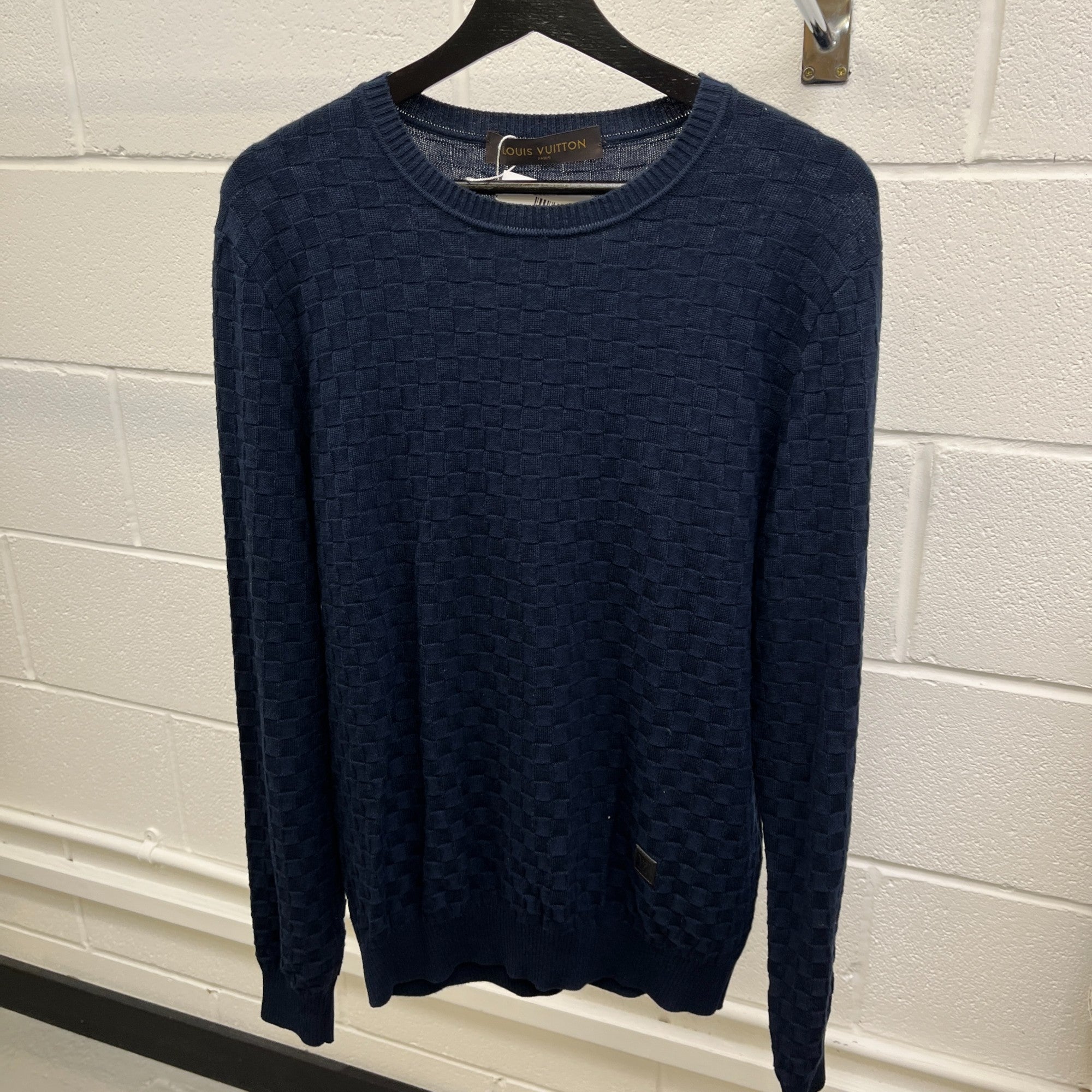 Men's Plaque Logo Damier Sweatshirt Navy Size S