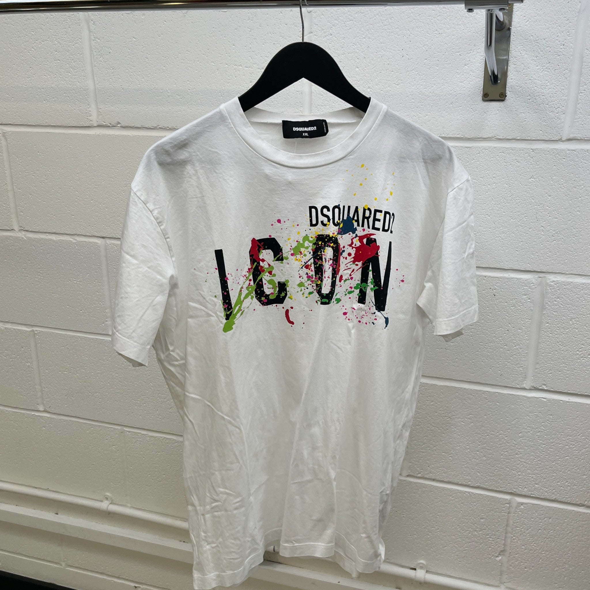 Men's Paint Splatter Logo Print T-Shirt White Size XXL