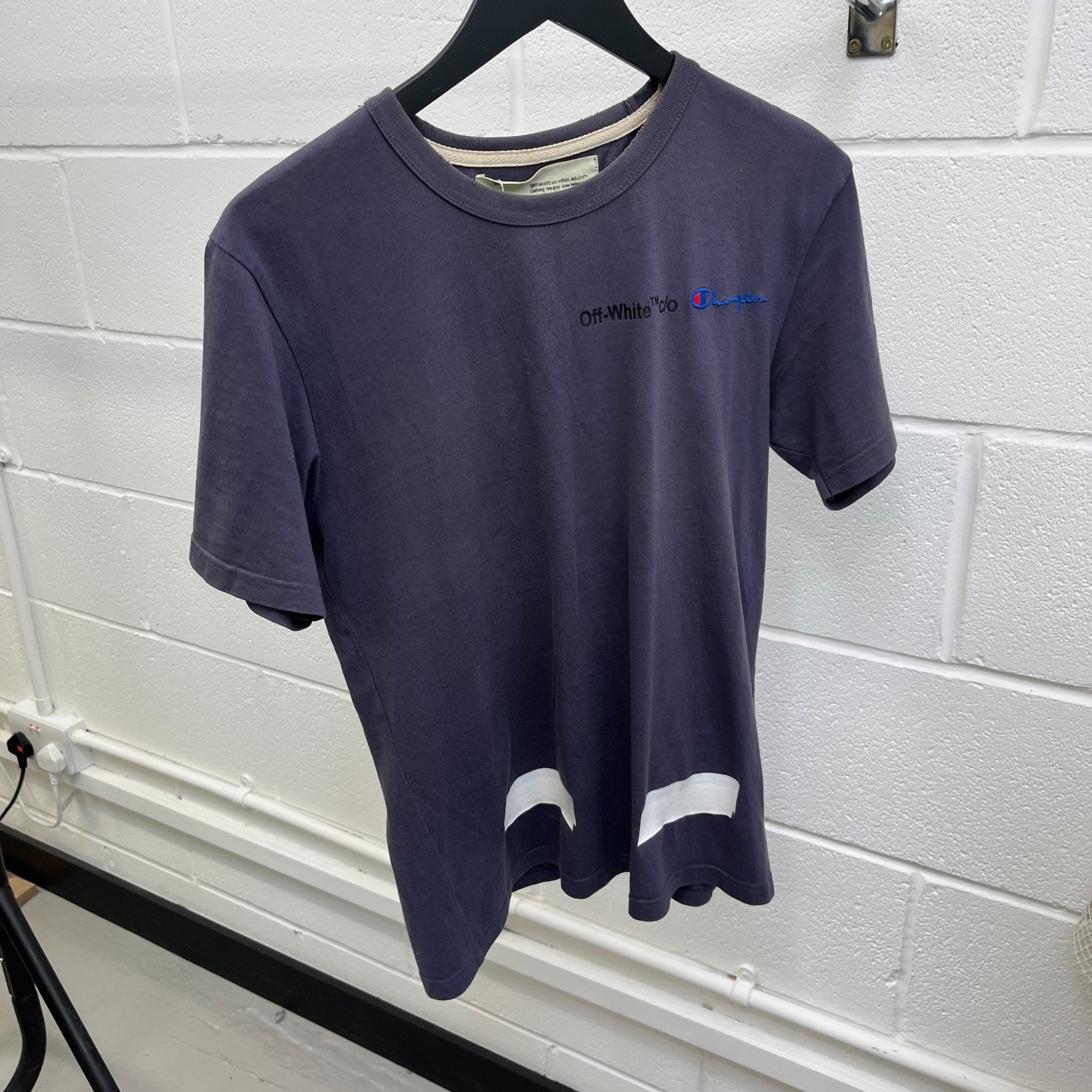 Men's Off White X Champion Logo T-Shirt Navy Size XS