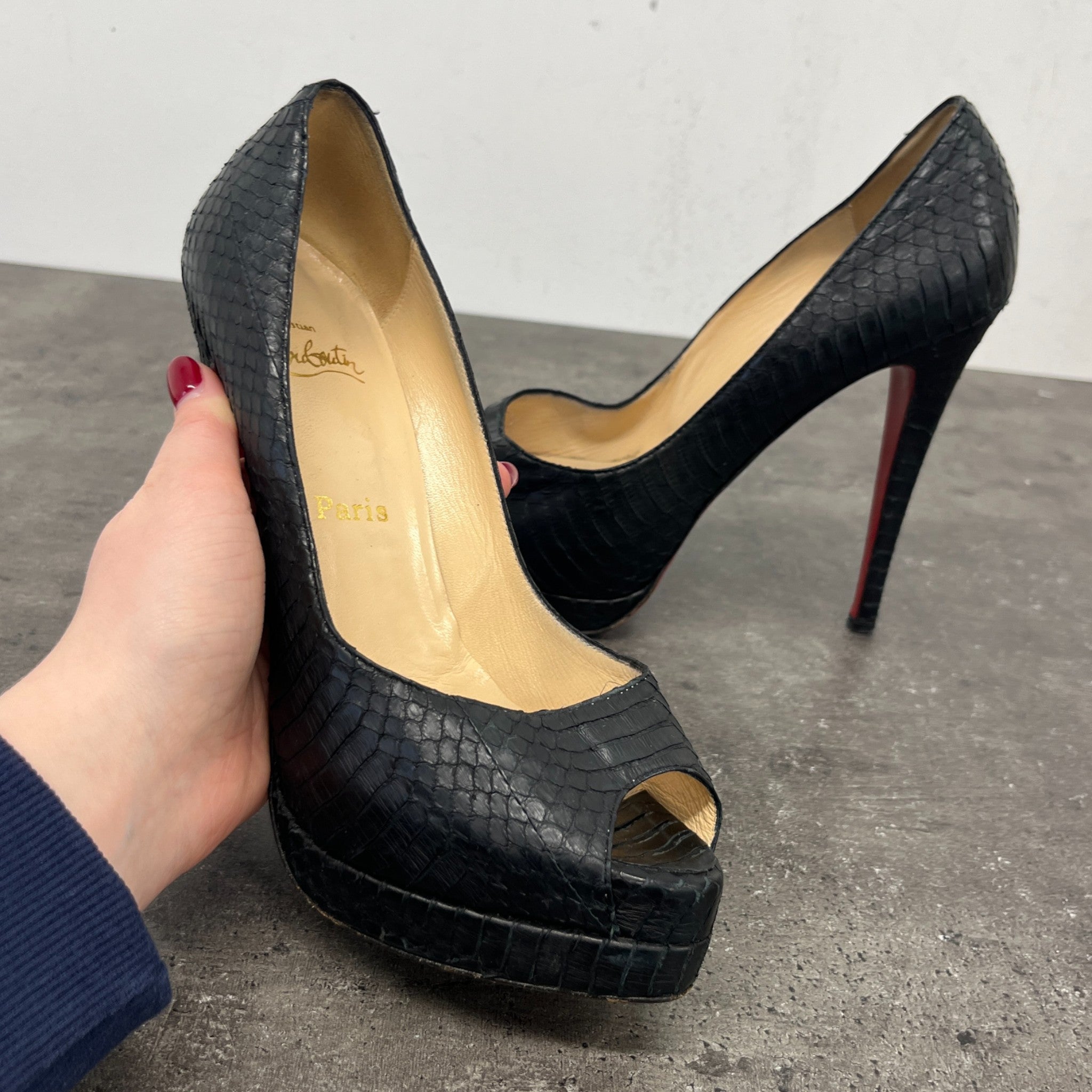 Women's Python Peep Toe Heels Black Size EU 38 / UK 5