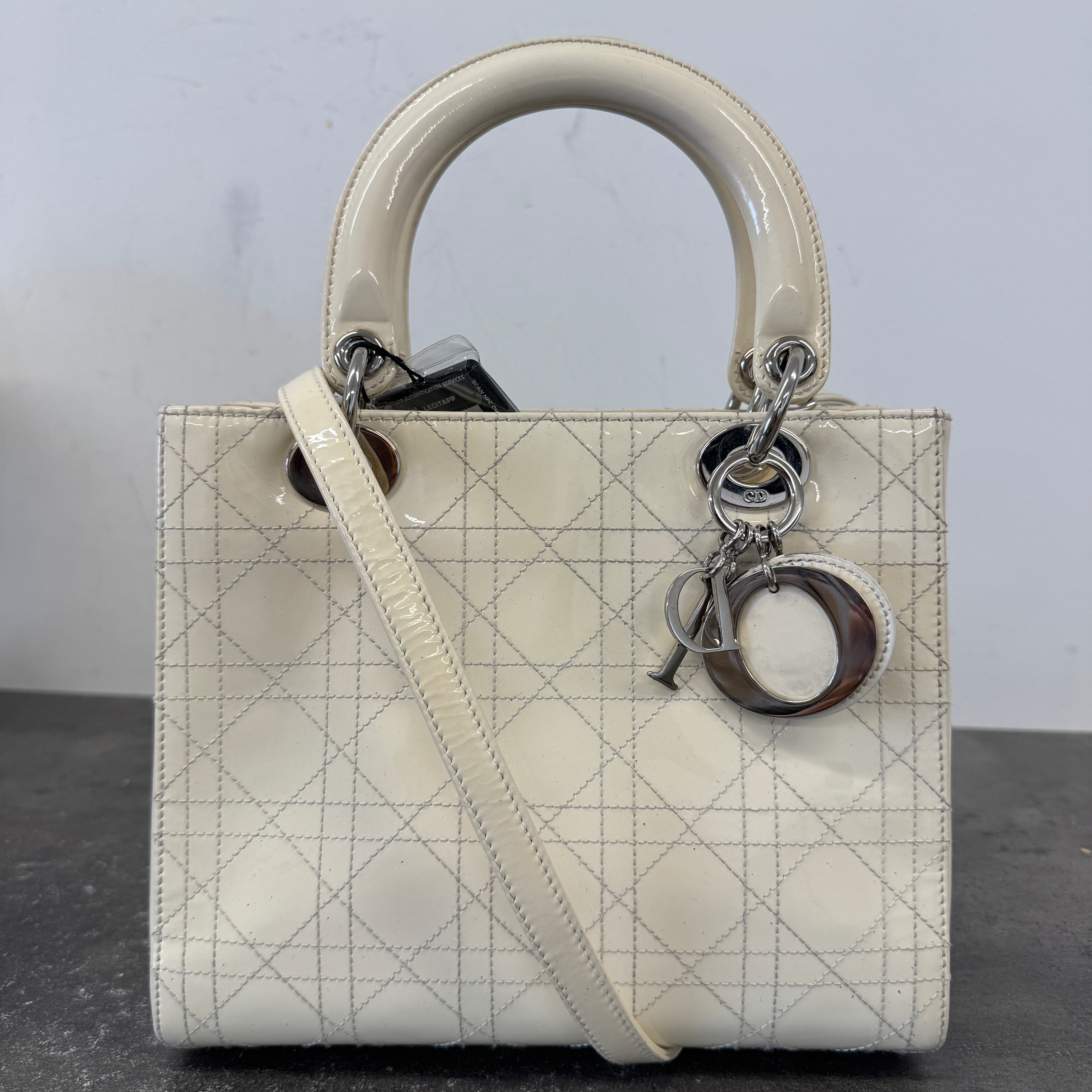 Women's Lady Dior Medium Patent Bag Cream