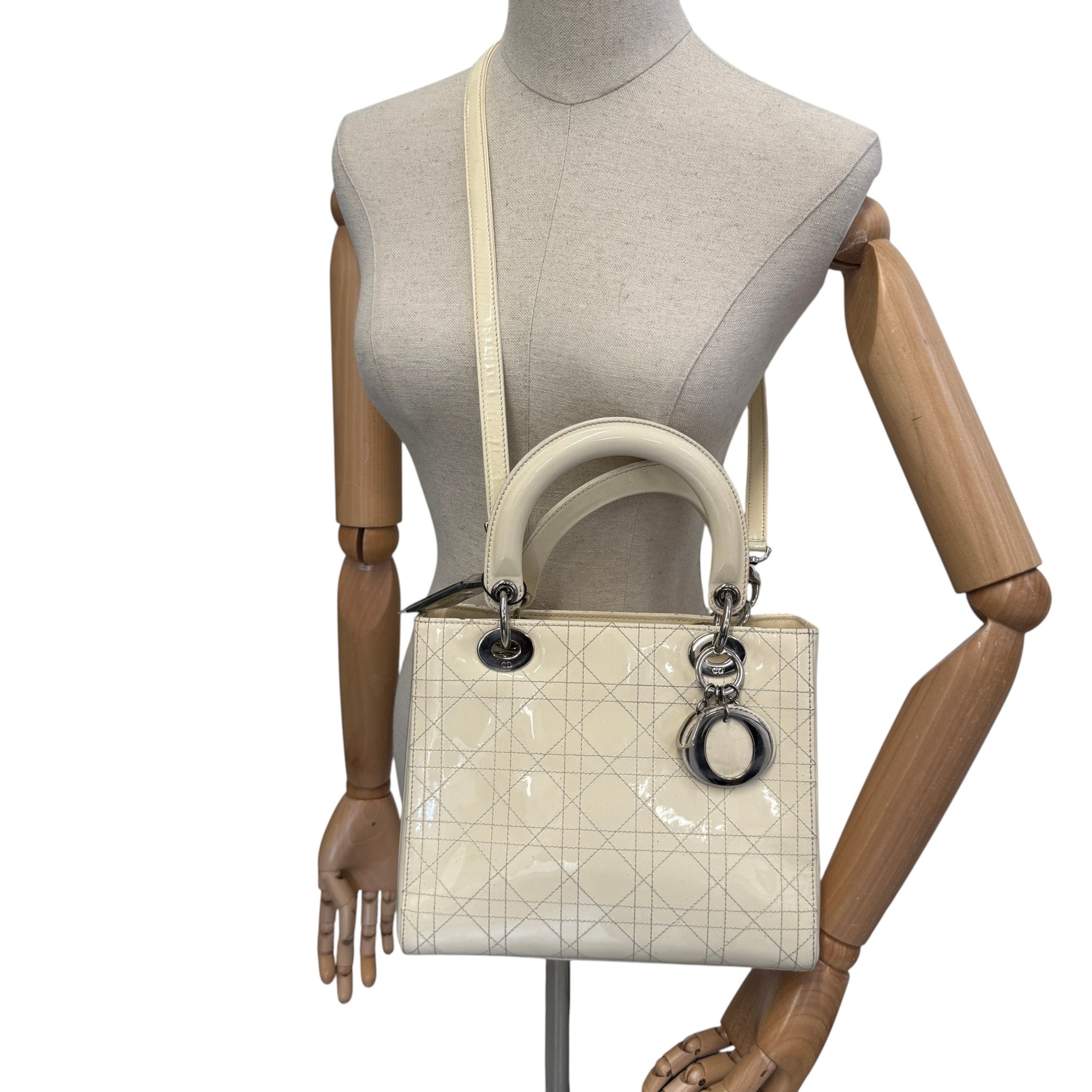 Women's Lady Dior Medium Patent Bag Cream