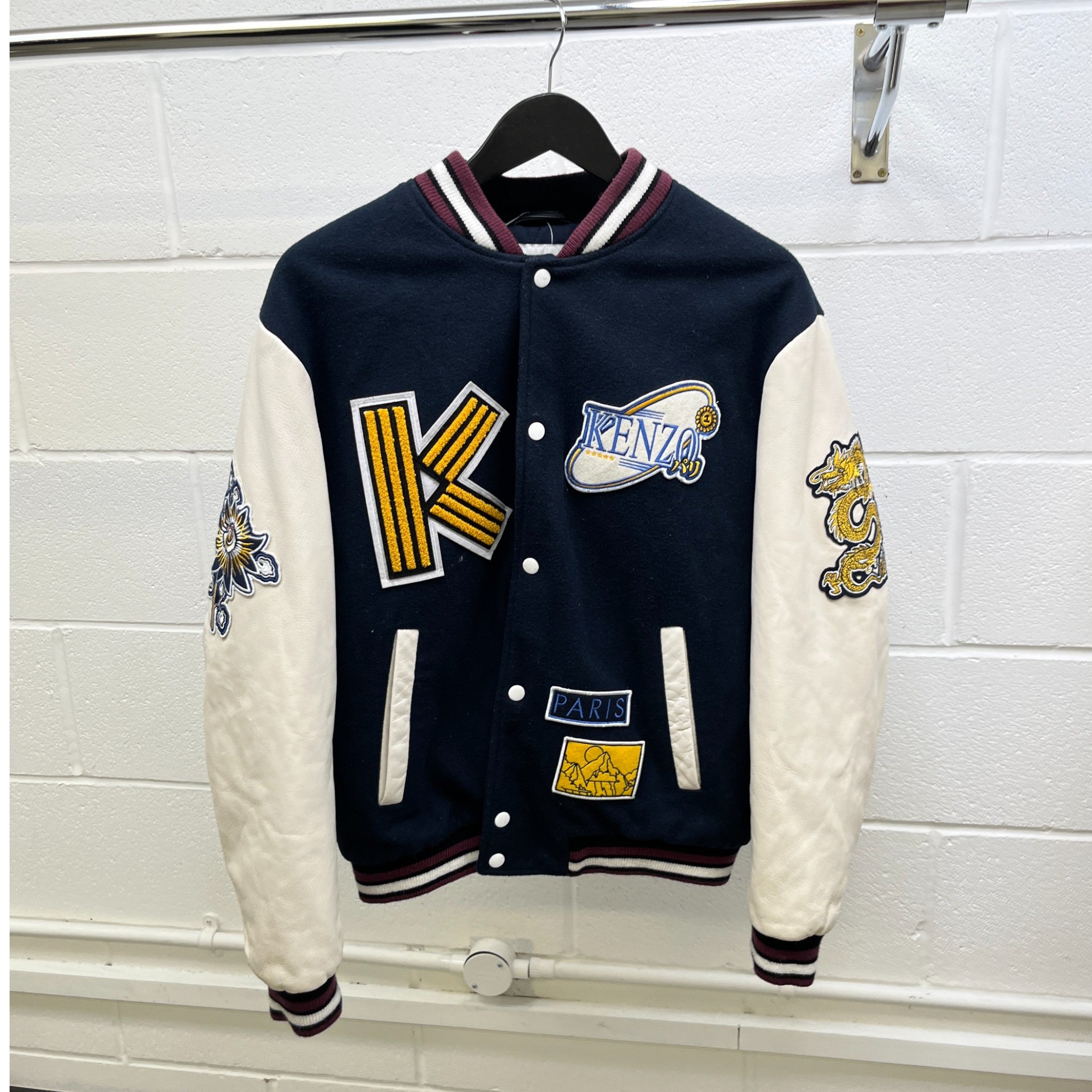 Men's Embroidered Patch Varsity Jacket Navy Size S