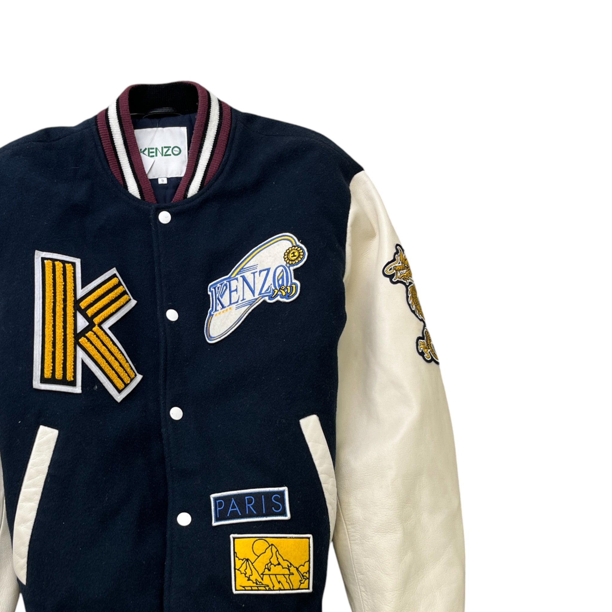 Men's Embroidered Patch Varsity Jacket Navy Size S