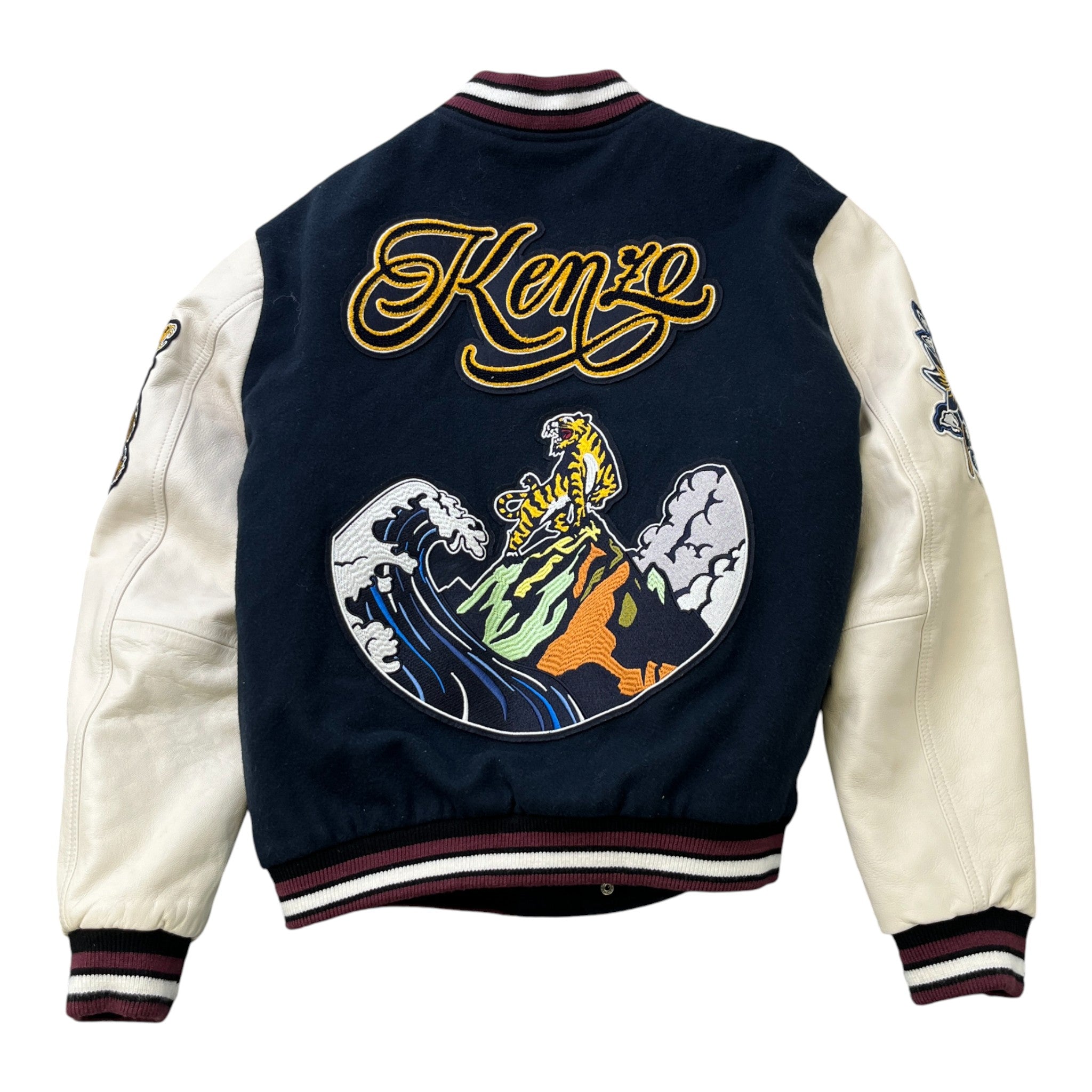 Men's Embroidered Patch Varsity Jacket Navy Size S