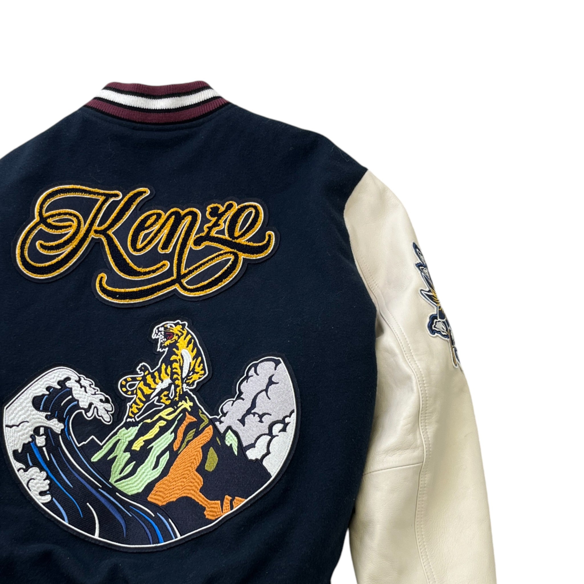 Men's Embroidered Patch Varsity Jacket Navy Size S