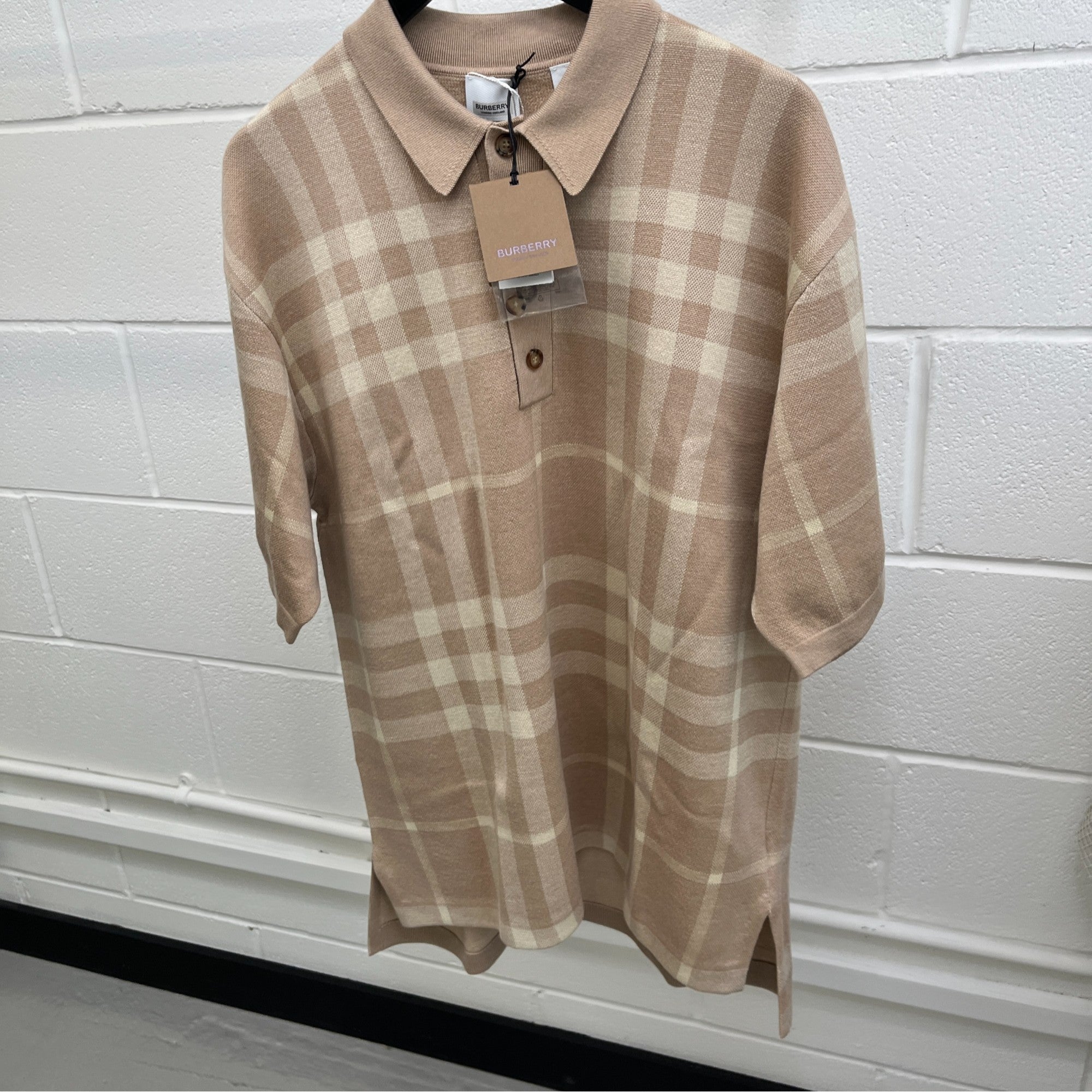 Men's Overszied Wellman Check Polo Shirt Beige Size M