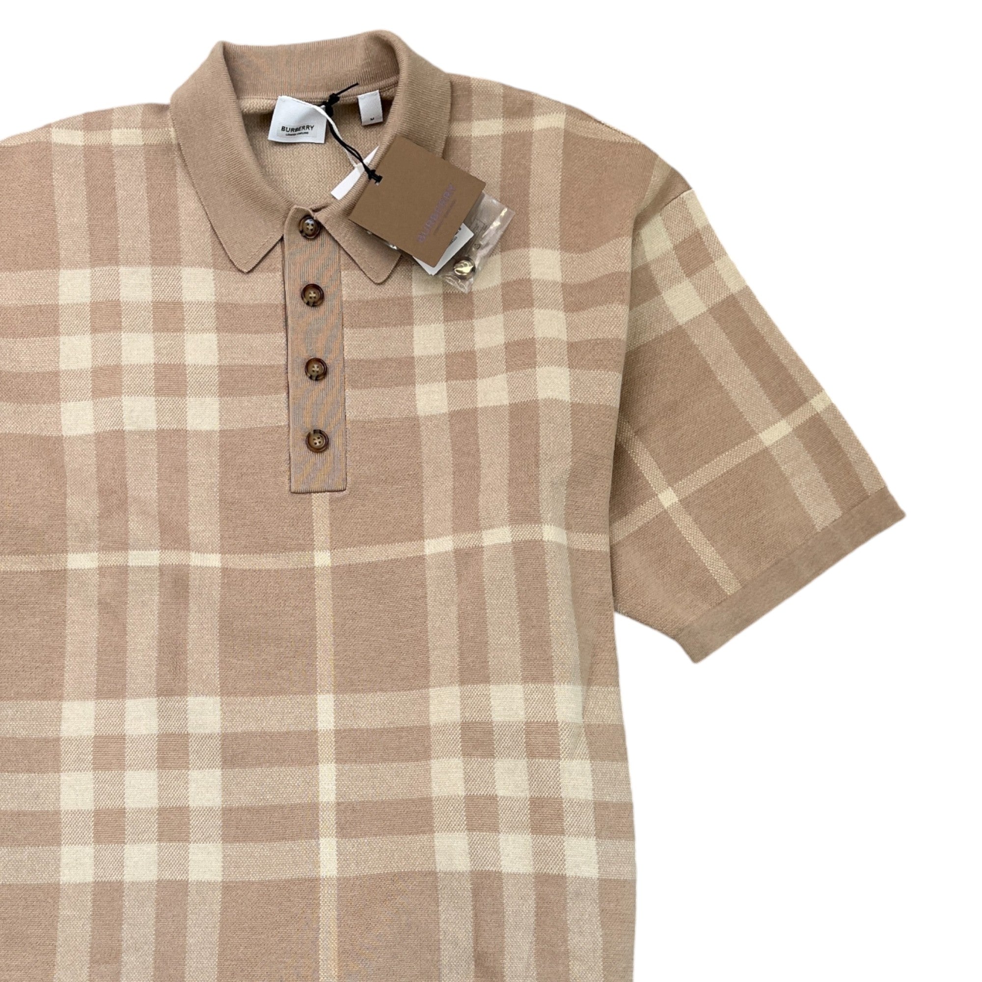 Men's Overszied Wellman Check Polo Shirt Beige Size M