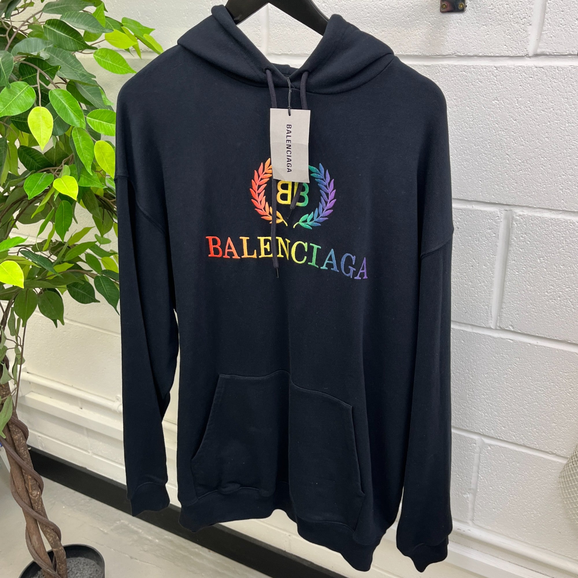 Men's Rainbow Embroidered Logo Hoodie Black Size S
