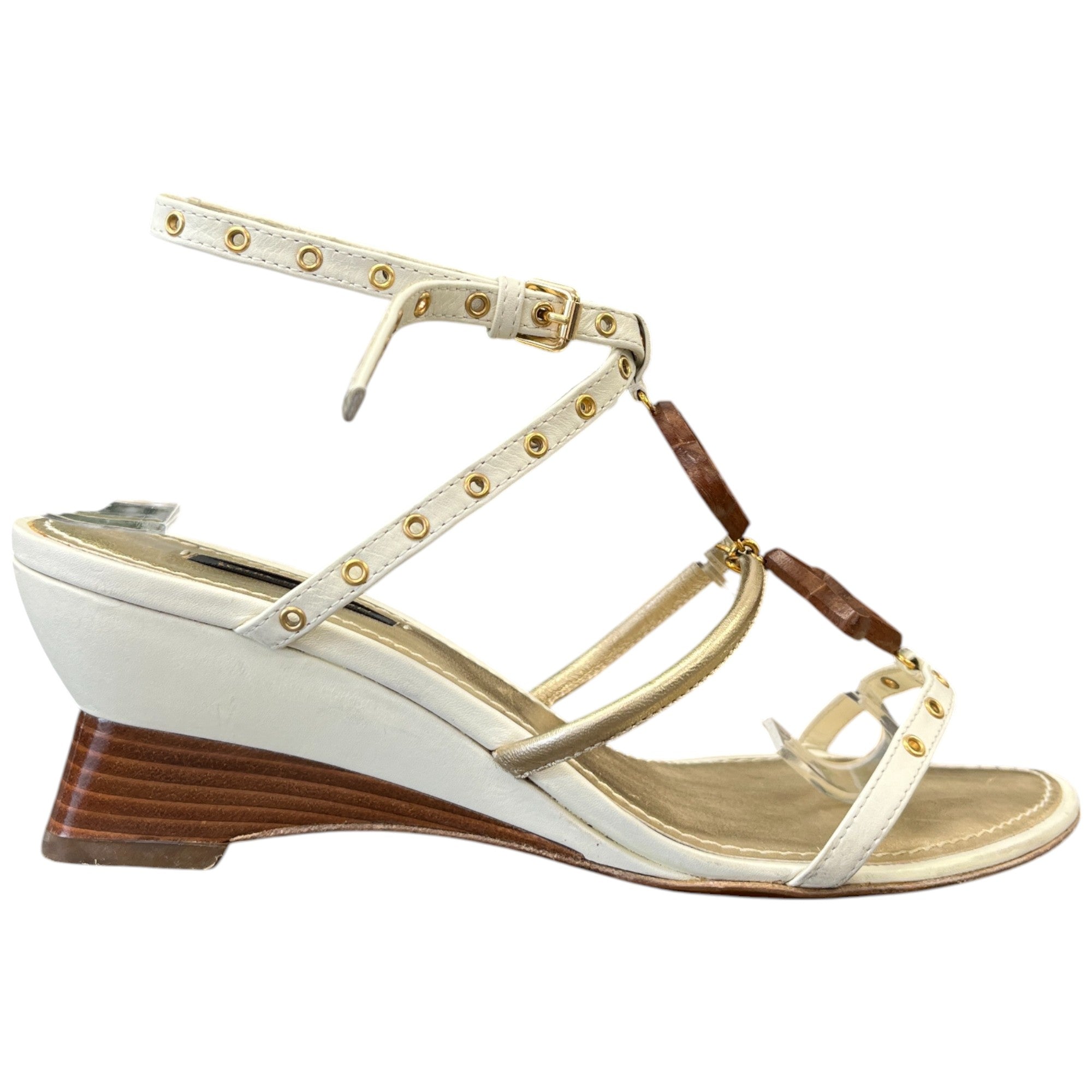 Women's Wooden Monogram Ankle Strap Wedge Heels Cream Size EU 37 / UK 4