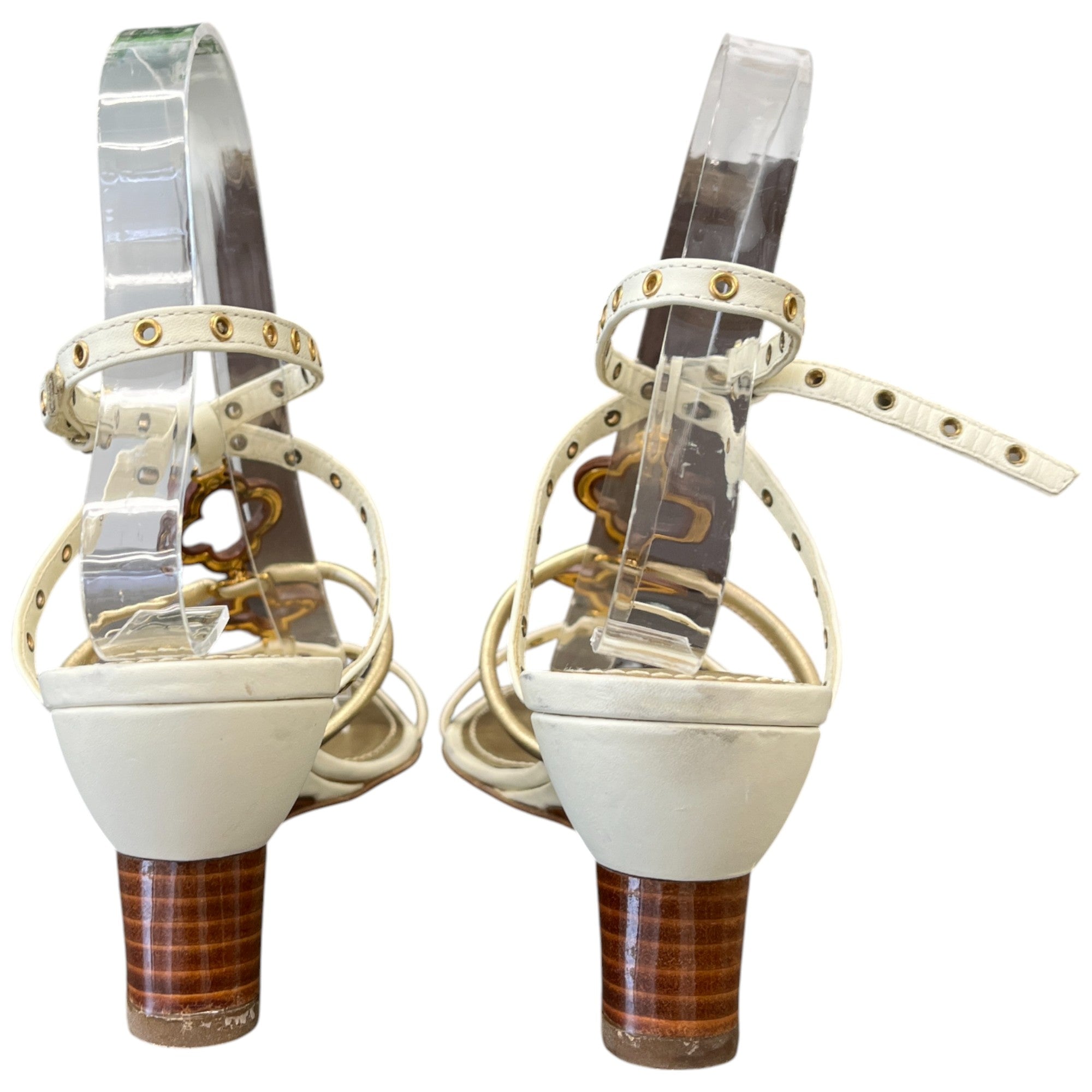 Women's Wooden Monogram Ankle Strap Wedge Heels Cream Size EU 37 / UK 4