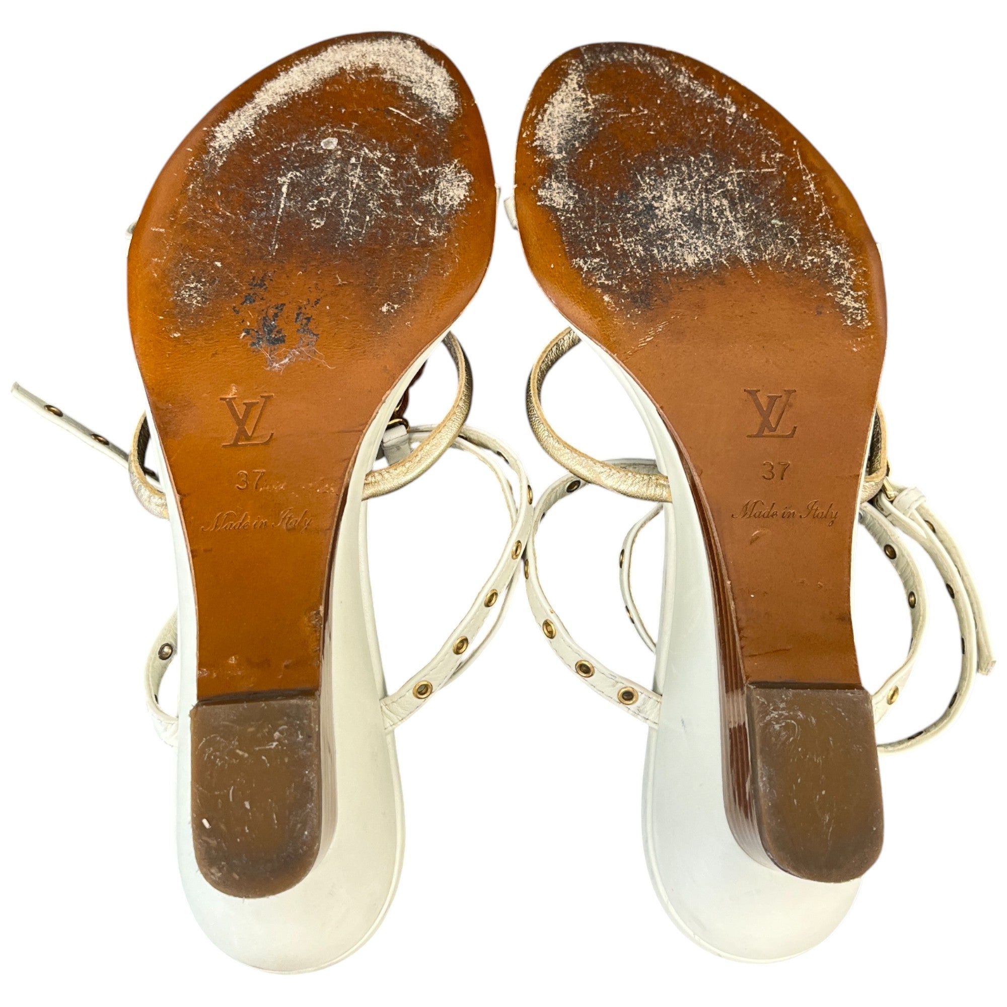 Women's Wooden Monogram Ankle Strap Wedge Heels Cream Size EU 37 / UK 4