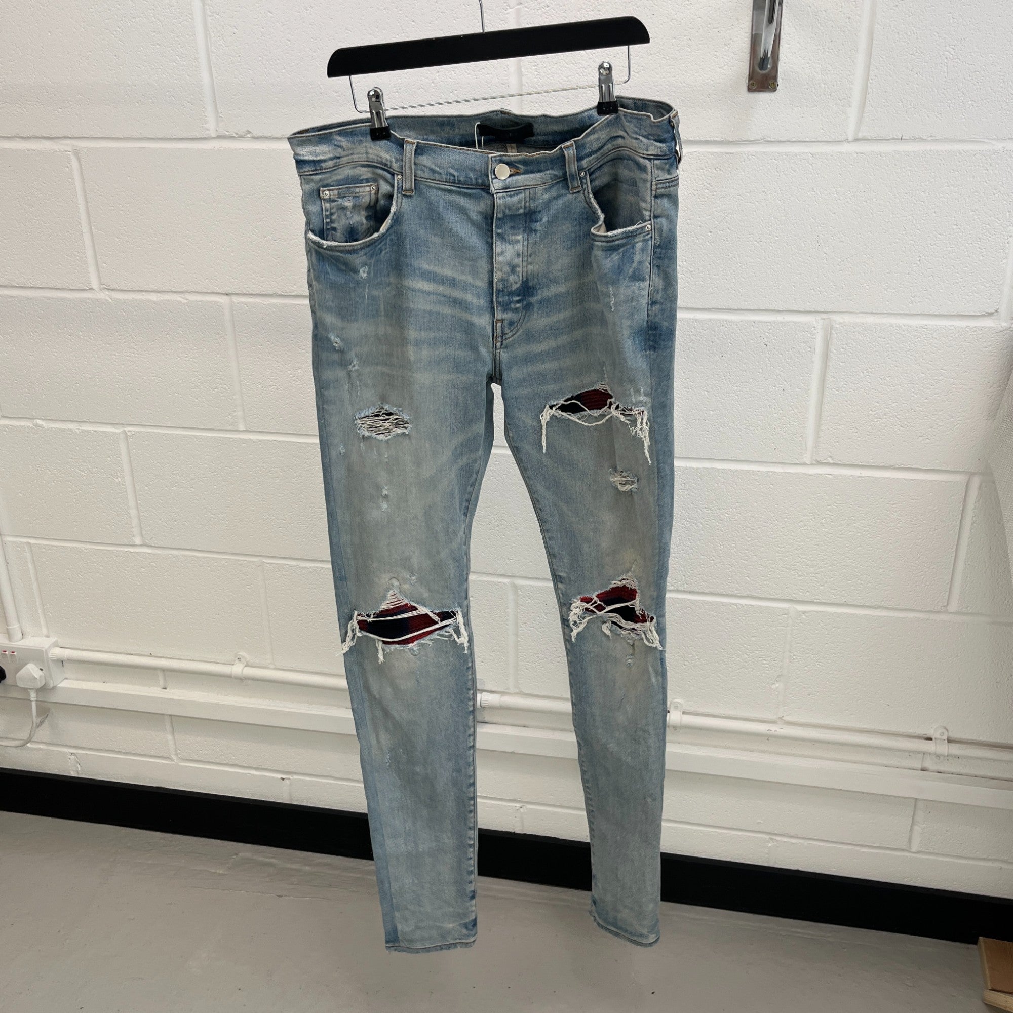 Men's Mx1 Distressed Flannel Jeans Blue Size Waist 36"