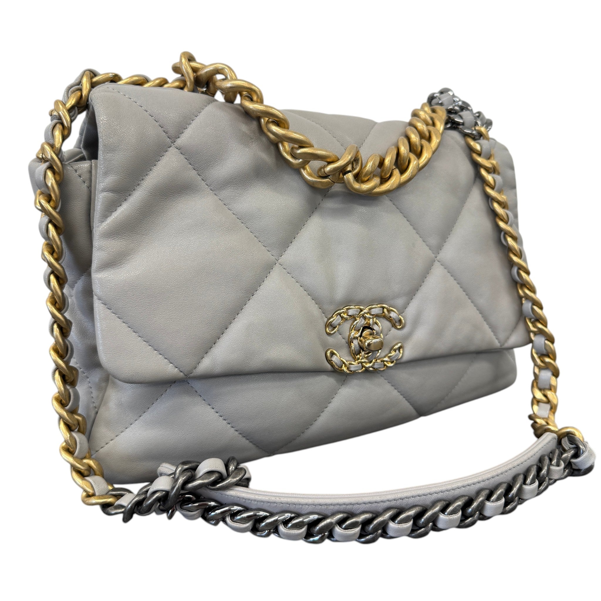 Women's Goatskin Quilted Medium 19 Flap Bag Grey