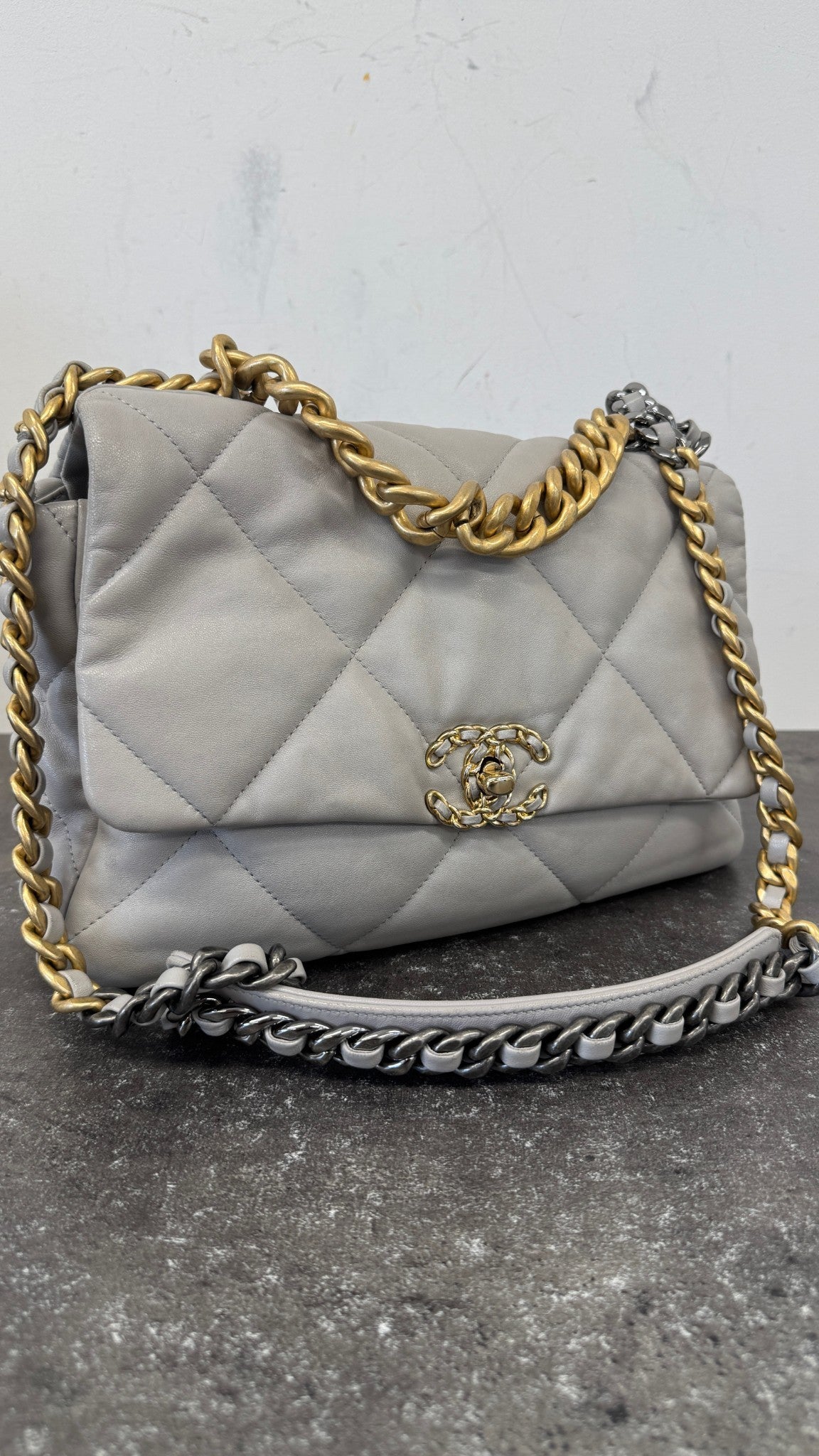 Women's Goatskin Quilted Medium 19 Flap Bag Grey