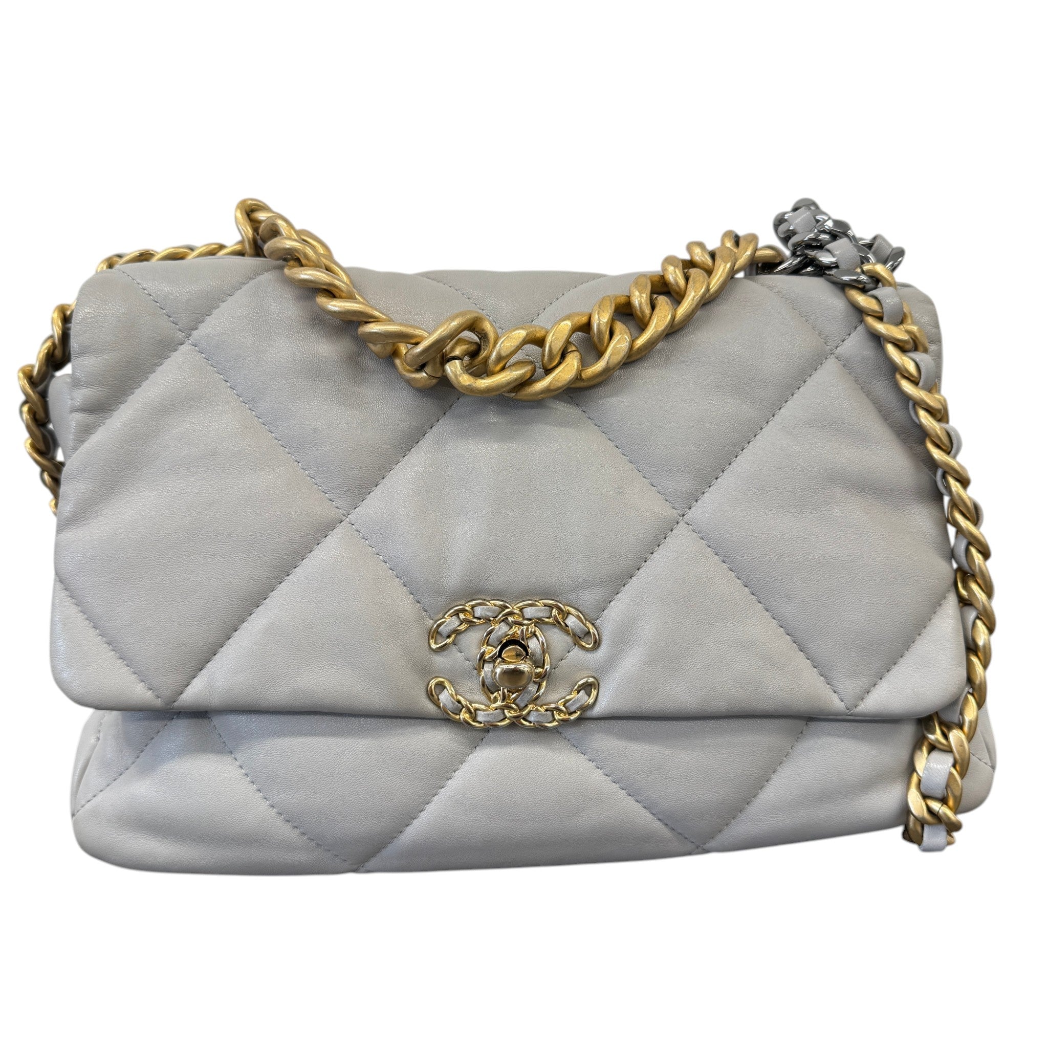 Women's Goatskin Quilted Medium 19 Flap Bag Grey