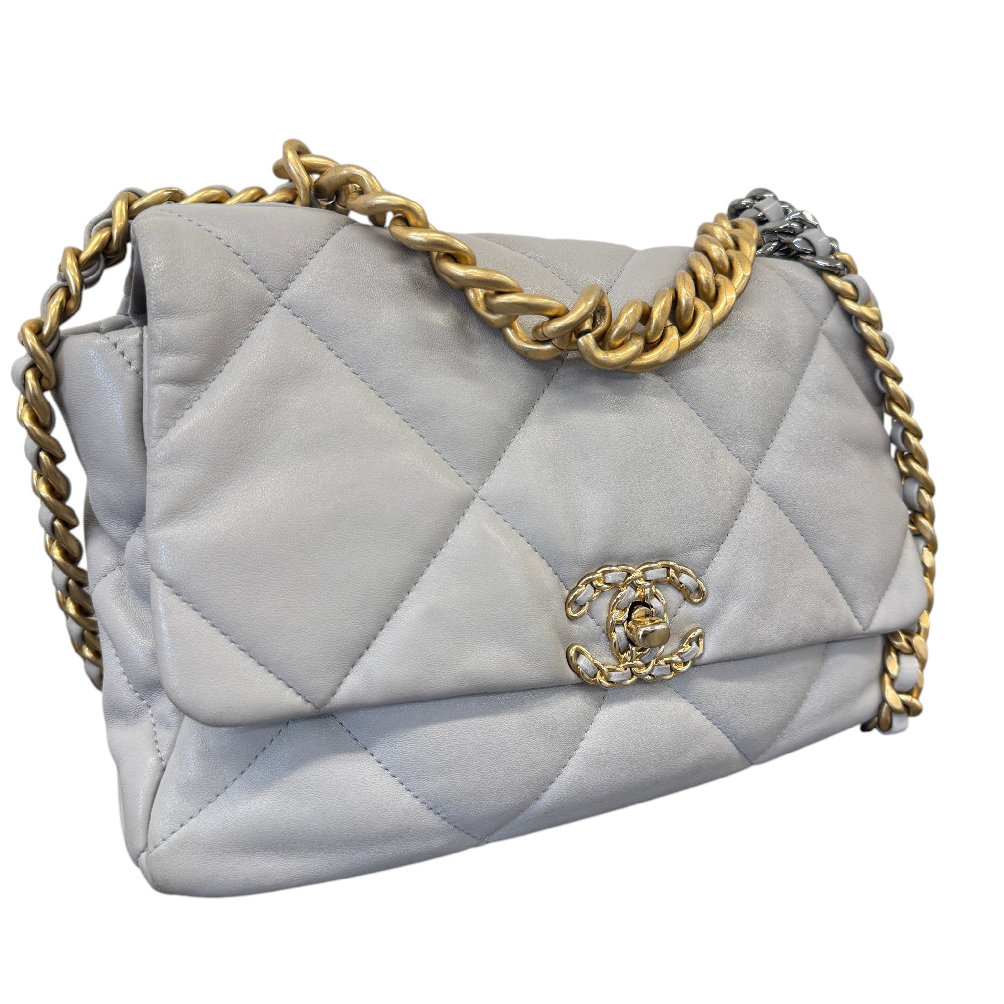 Women's Goatskin Quilted Medium 19 Flap Bag Grey