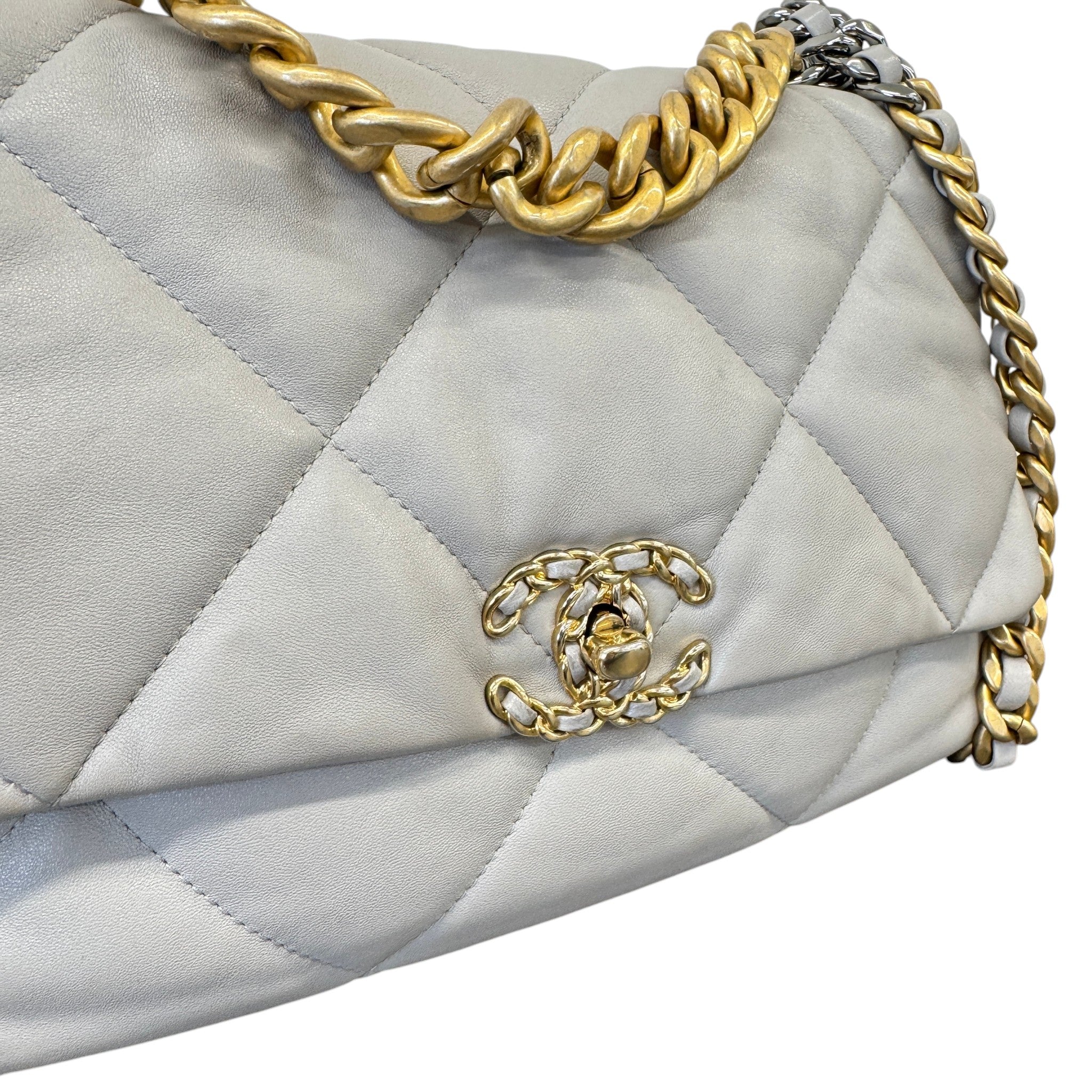 Women's Goatskin Quilted Medium 19 Flap Bag Grey