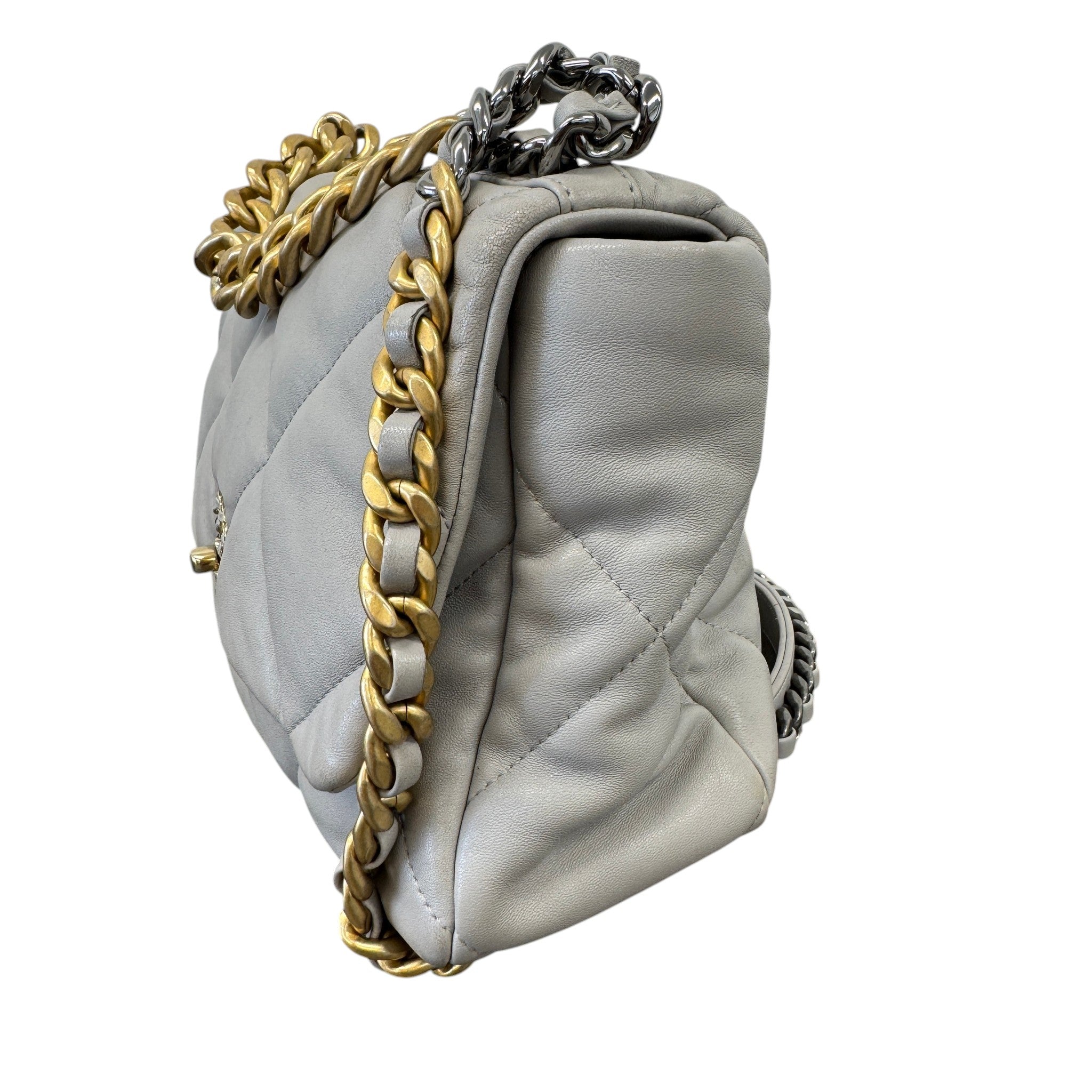 Women's Goatskin Quilted Medium 19 Flap Bag Grey