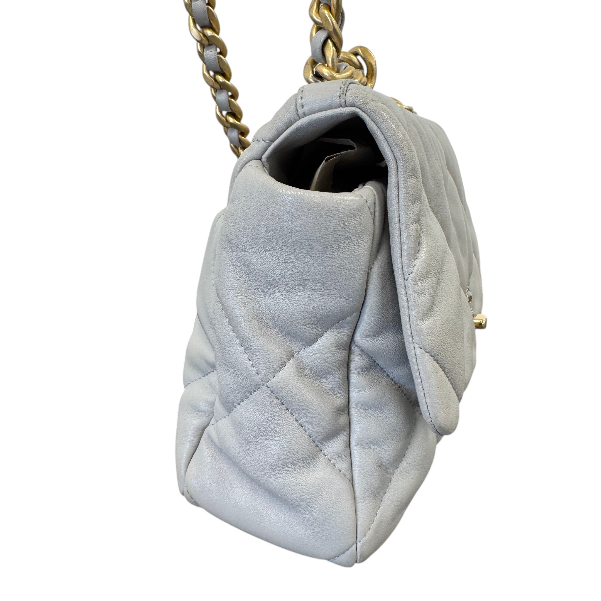 Women's Goatskin Quilted Medium 19 Flap Bag Grey