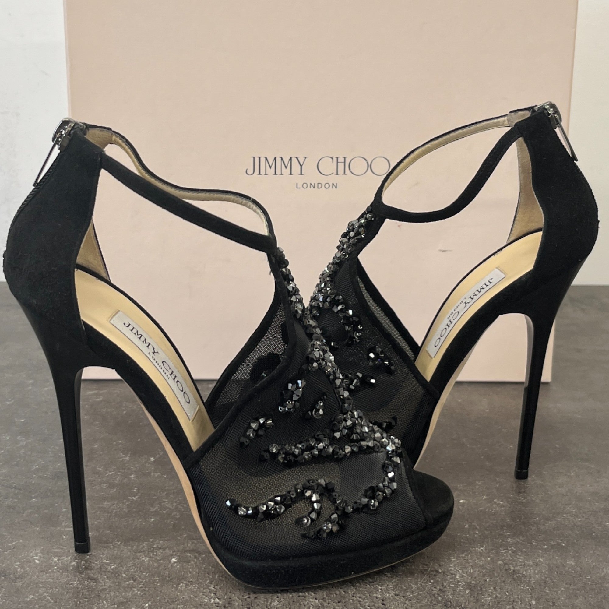 Women's Embellished Mesh Open Toe Heels Black Size EU 37.5 / UK 4.5