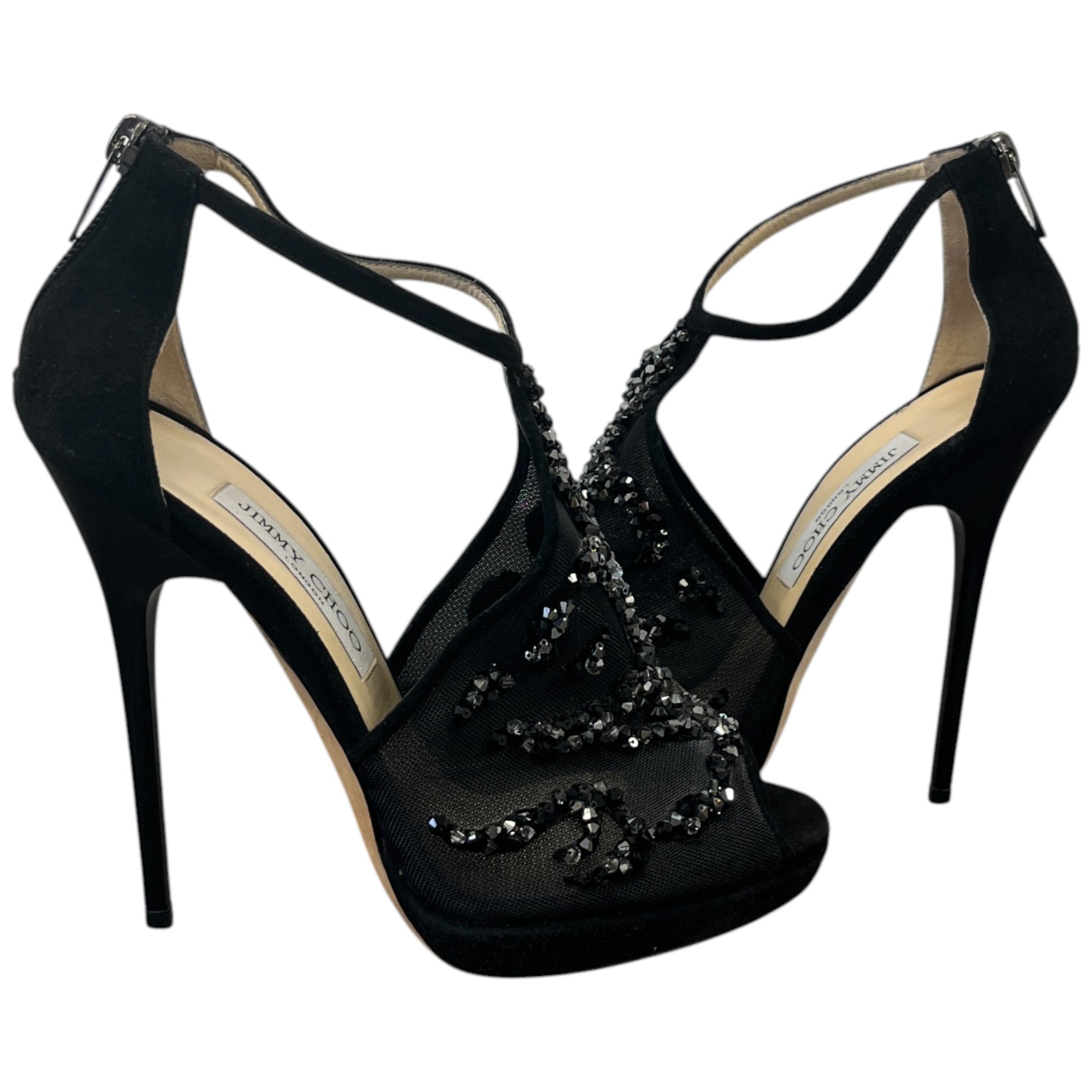 Women's Embellished Mesh Open Toe Heels Black Size EU 37.5 / UK 4.5