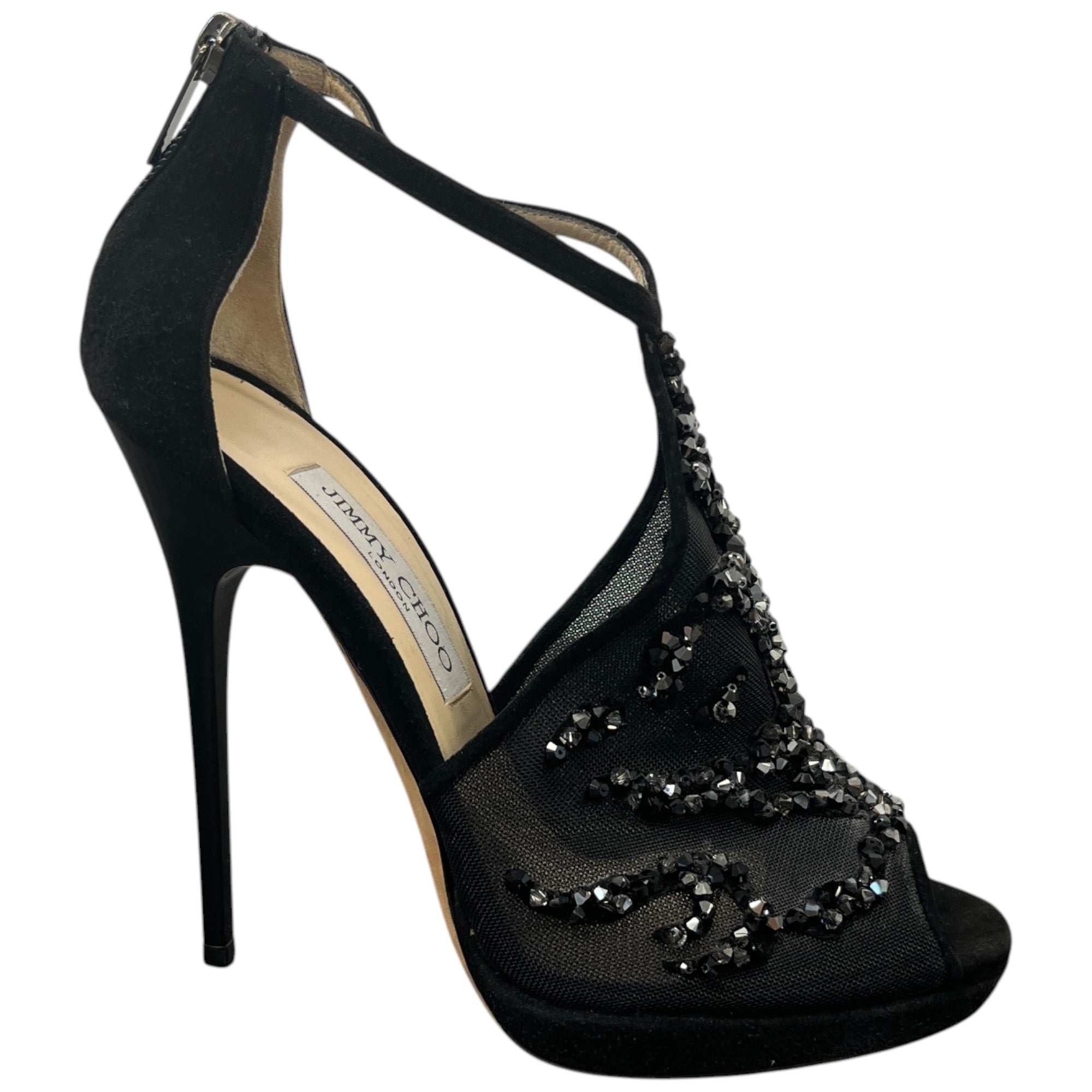 Women's Embellished Mesh Open Toe Heels Black Size EU 37.5 / UK 4.5