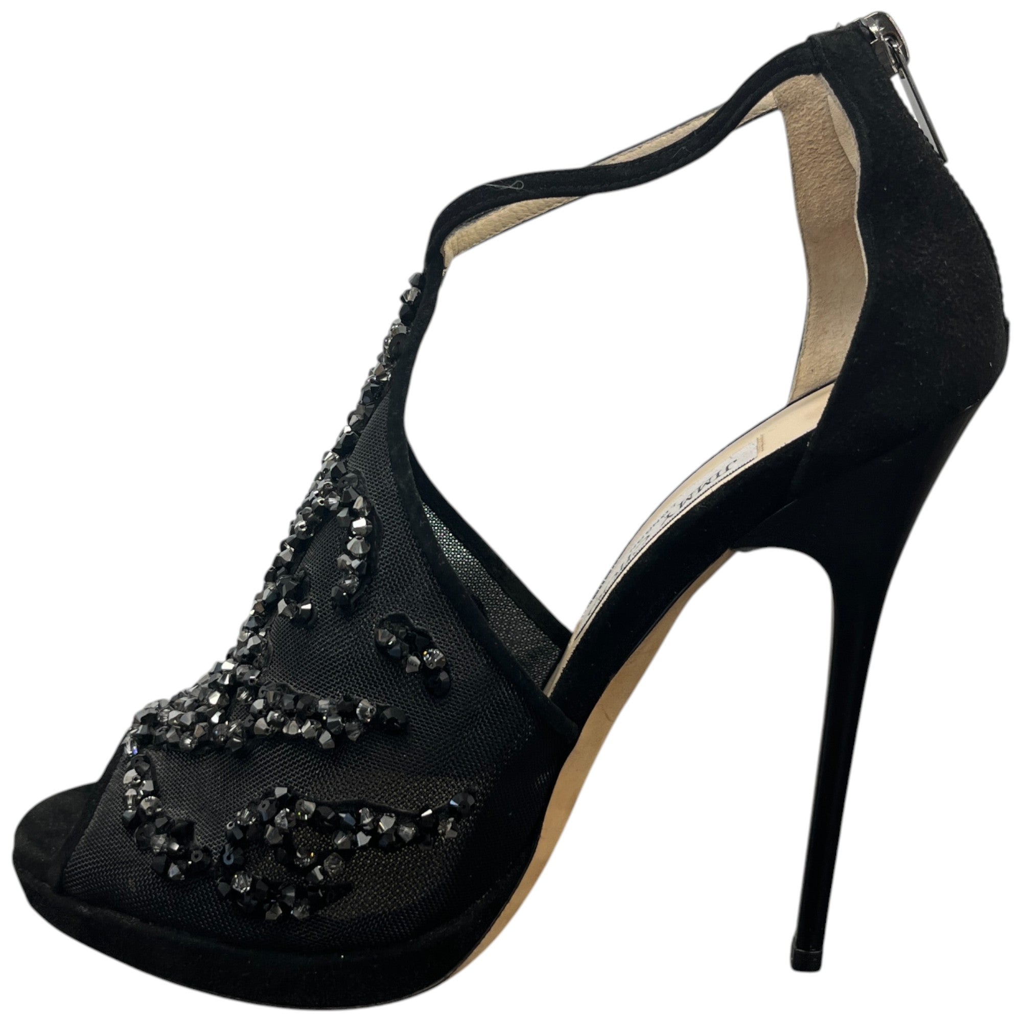 Women's Embellished Mesh Open Toe Heels Black Size EU 37.5 / UK 4.5