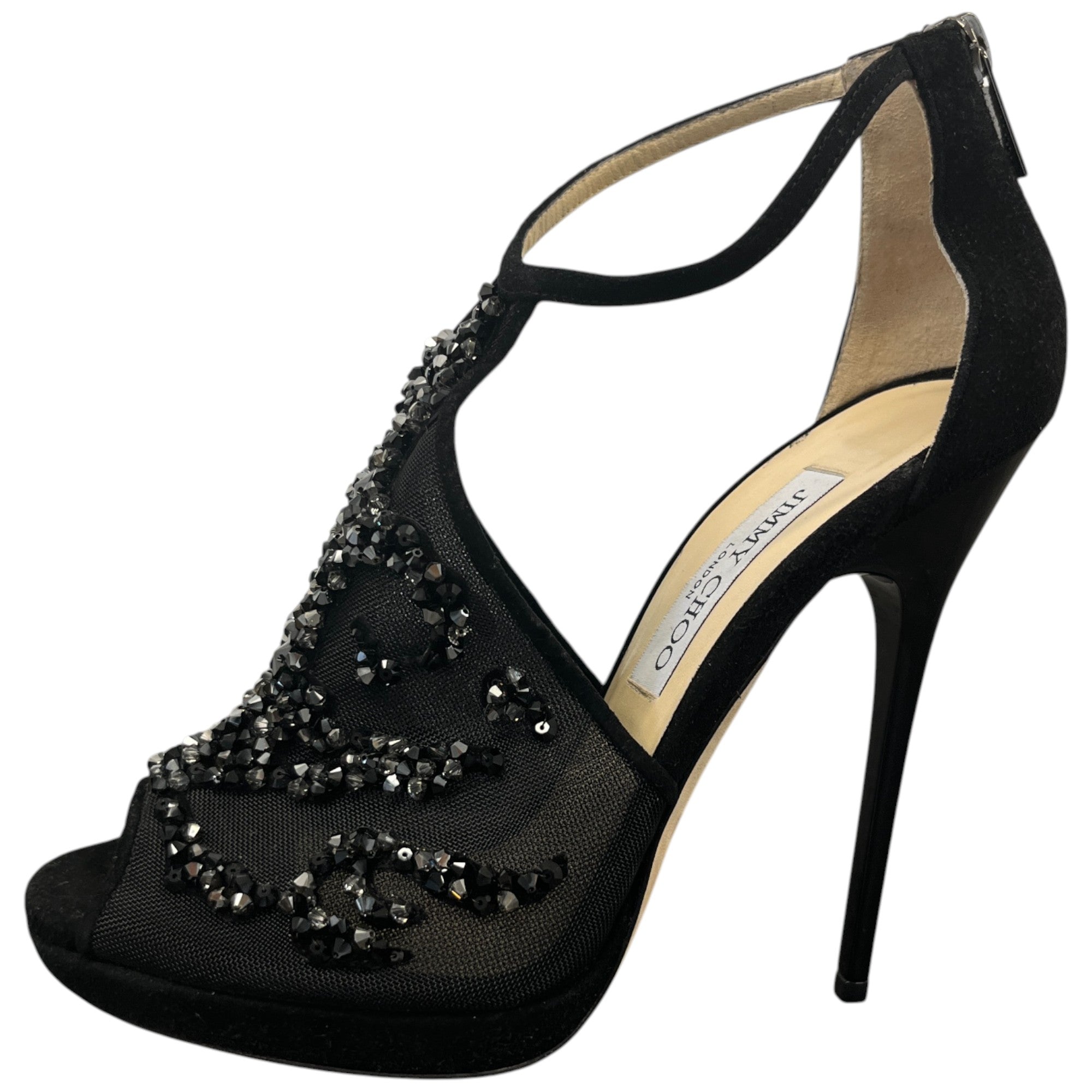 Women's Embellished Mesh Open Toe Heels Black Size EU 37.5 / UK 4.5