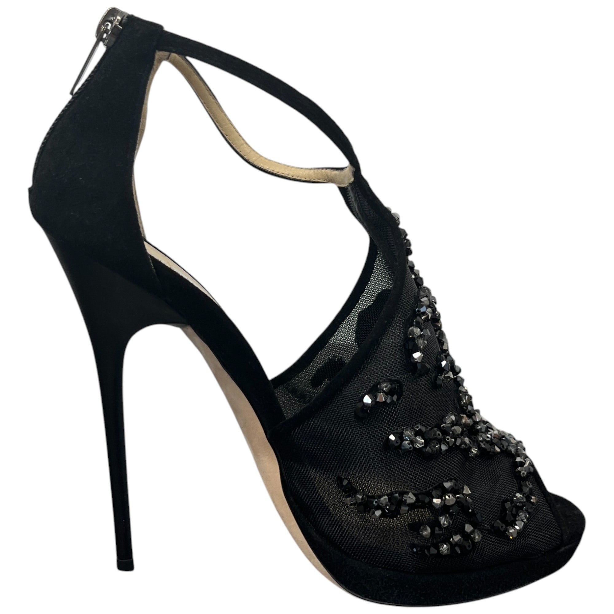 Women's Embellished Mesh Open Toe Heels Black Size EU 37.5 / UK 4.5