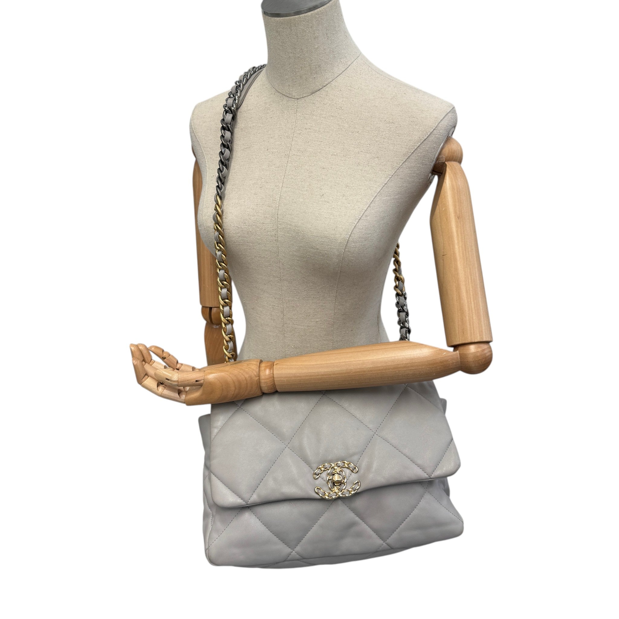 Women's Goatskin Quilted Medium 19 Flap Bag Grey