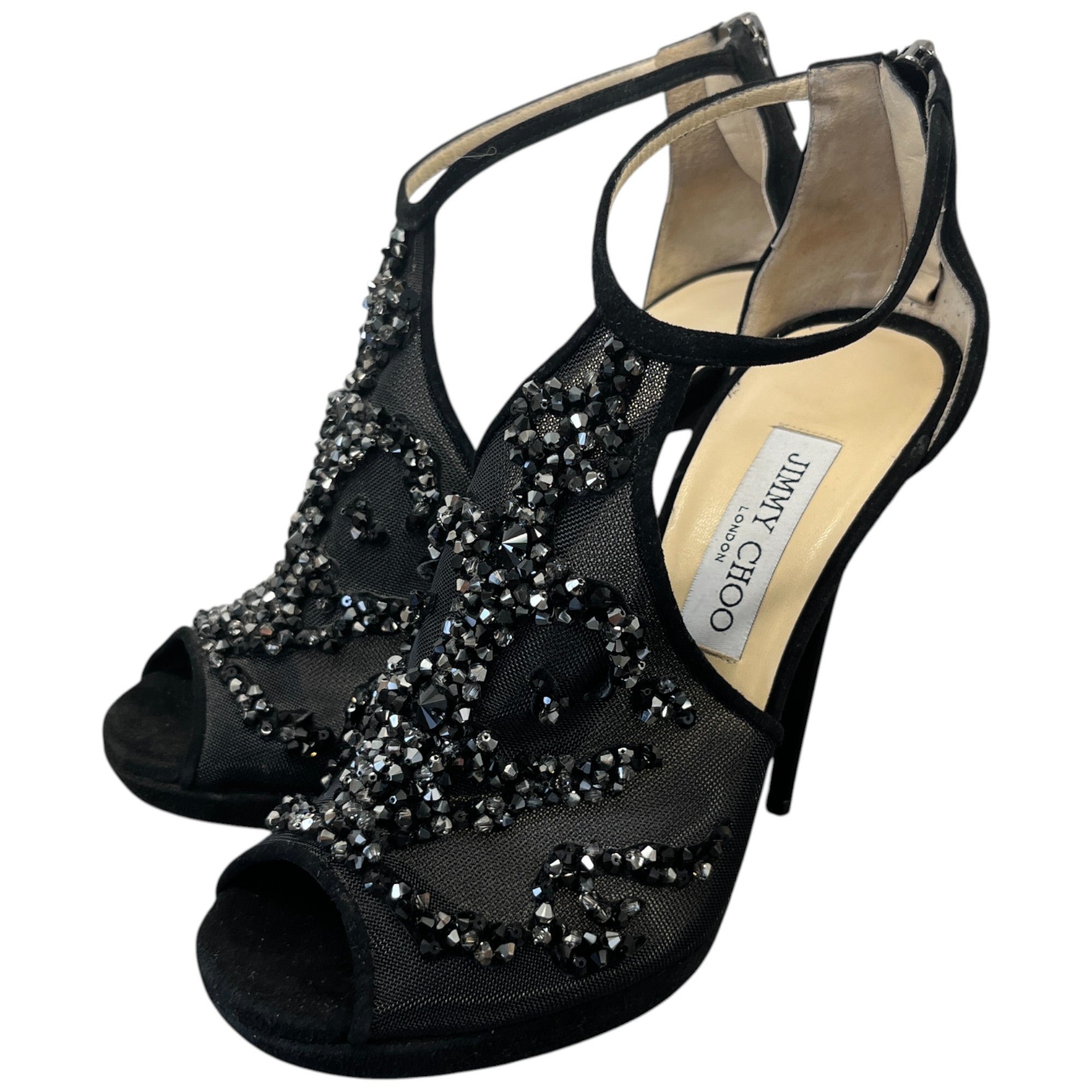 Women's Embellished Mesh Open Toe Heels Black Size EU 37.5 / UK 4.5