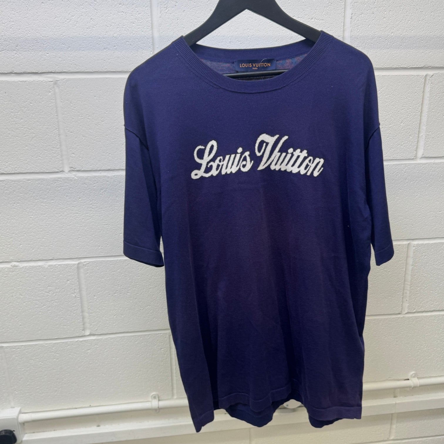 Men's Script Logo Intarsia T-Shirt Purple Size XL