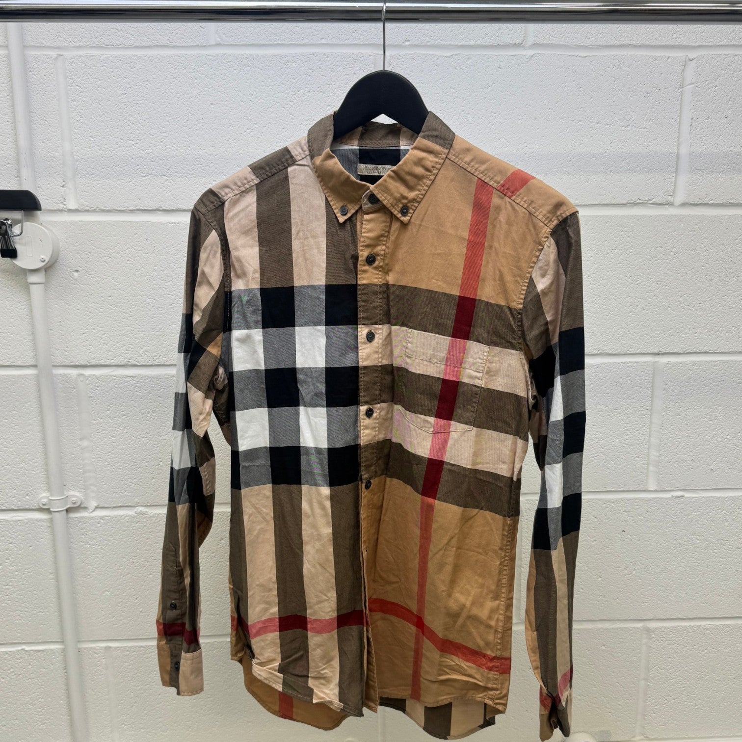 Men's Checkered Long Sleeve Shirt Beige Size M