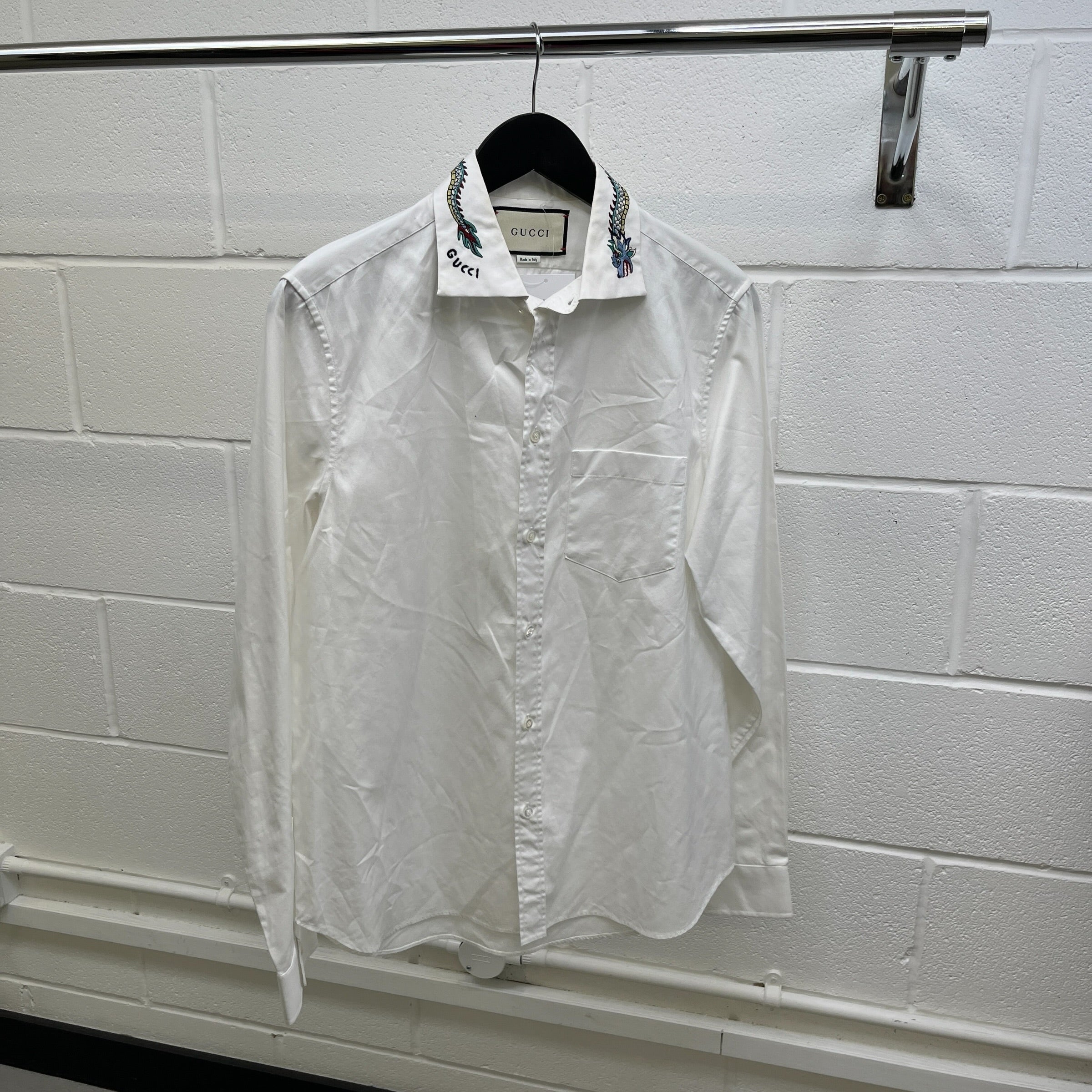 Men's Embroidered Collar Long Sleeve Shirt White Size L